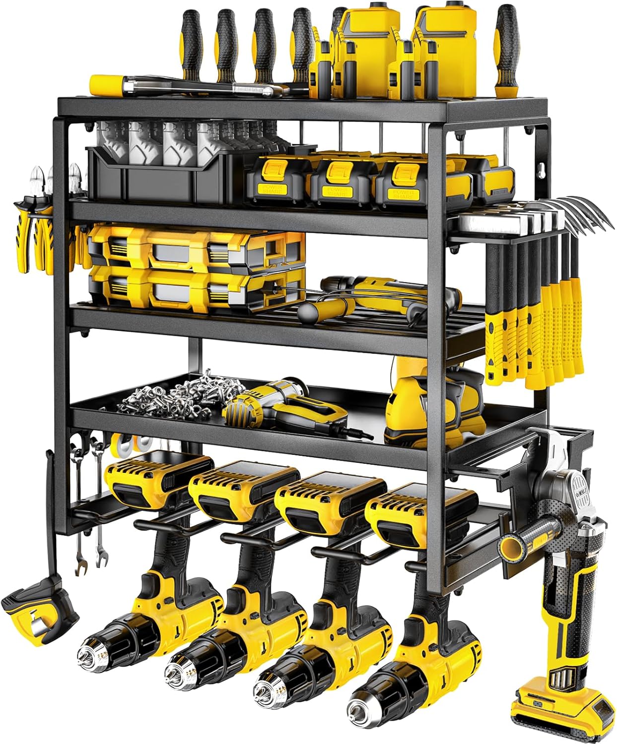 Power Tool Organizer, 5 Layer Drill Holders Wall Mount, Heavy Duty Metal Organizers and Storage Rack for Garage Organization, Tools Shelves with Screwdriver Plier Hammer Holder, Black