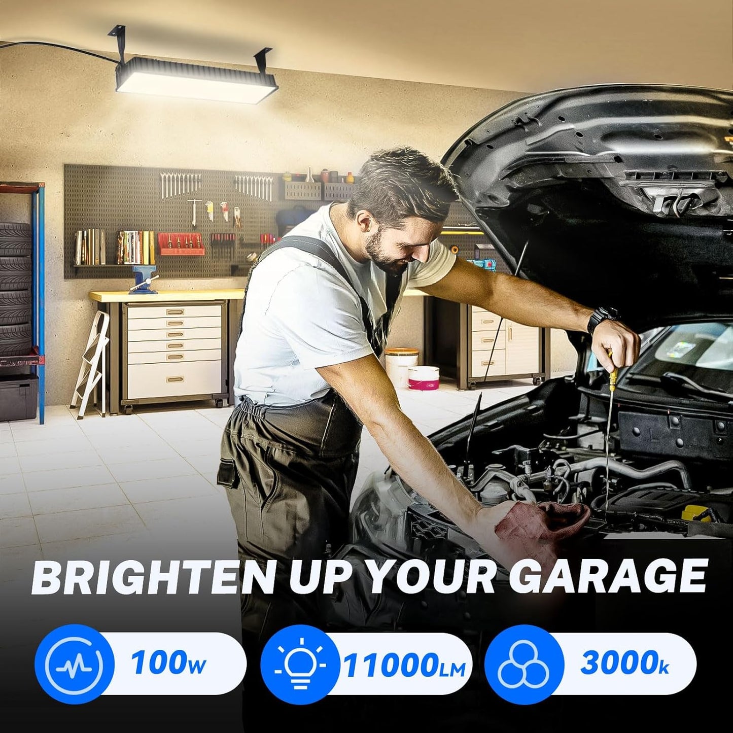 100W LED Shop Light, 11000LM 3000K Warm White Plug in Garage Light with 6FT Power Cord, IP66 Waterproof Work Bench Shop Lights for Garage, Workshop, Warehouse, Outdoor, Yard, Garden