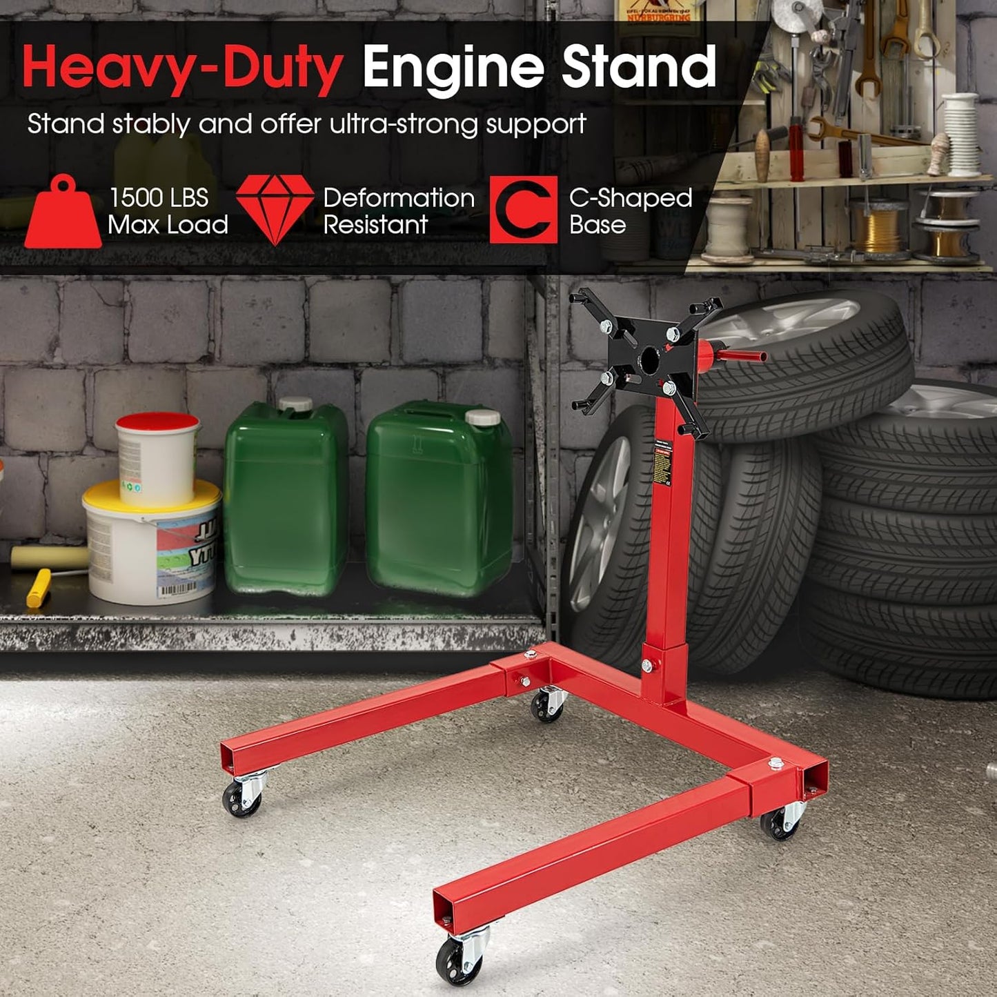 Goplus Engine Stand, 1500 LBS (3/4 Ton) Motor Stand with 4 Wheels, 360 Degree Rotating Head & 4 Adjustable Arms, Heavy-Duty Metal Engine Holder for Garage, Auto Repair, Red