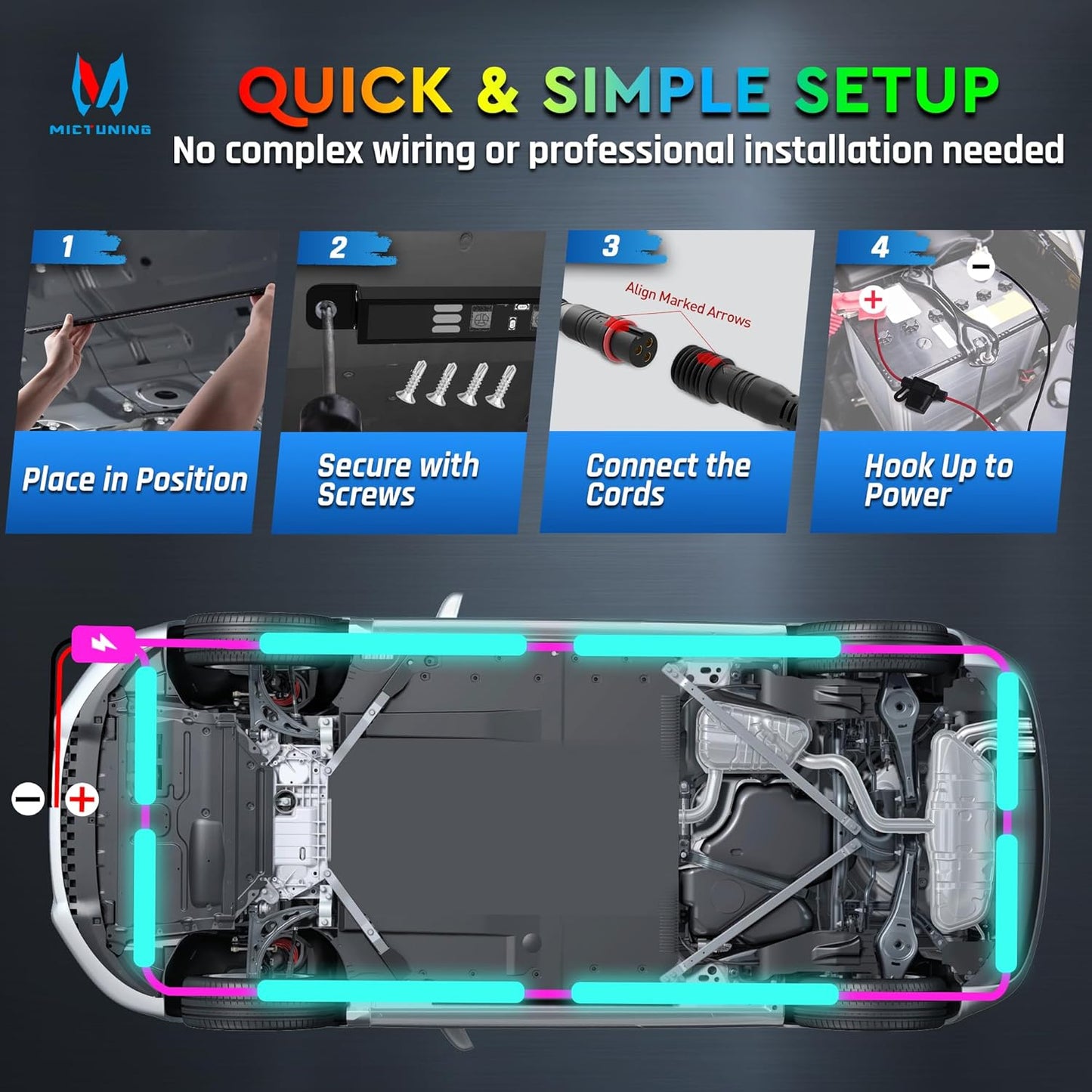 MICTUNING 8Pcs N8+ RGBW Underglow LED Lights for Cars, APP & Remote Dual Control, IP68 Waterproof Aluminum Multicolor Modes Music Soundsync Exterior Neon Accent LED Light Bar, 2 Years Warranty