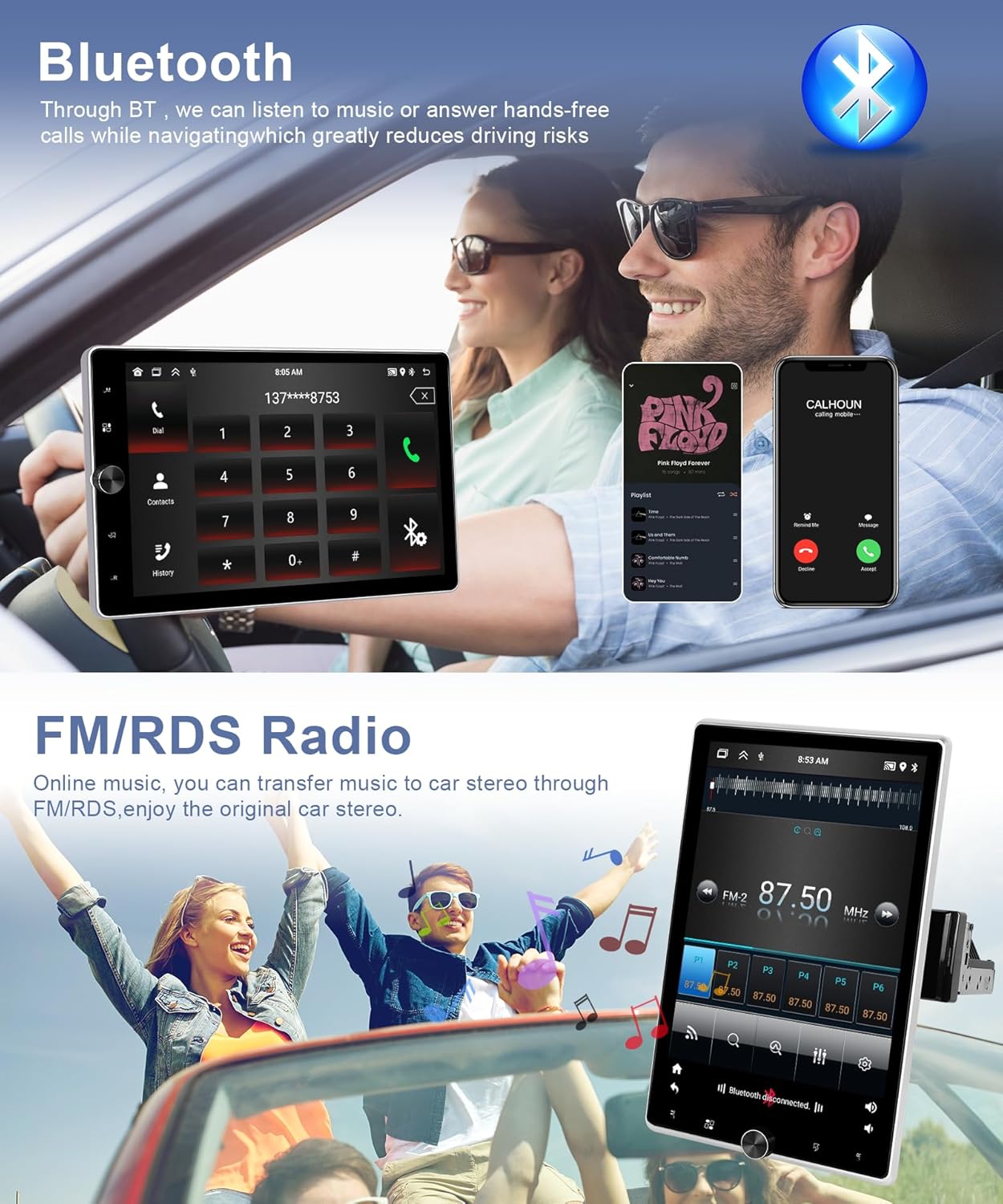 Motorized 2G+64G Single Din Radio with Wireless Carplay -10.4inch HD Vertical Rotatable Touch Screen- Wireless Android Auto FM/RDS EQ GPS Bluetooth with WiFi 50UIs USB MirrorLink Backup Camera