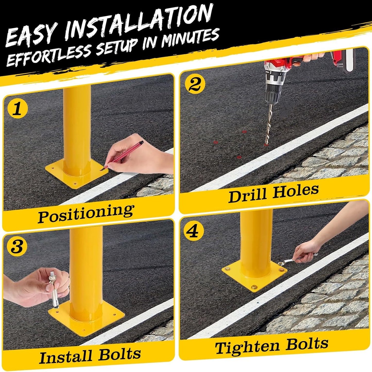 2 Pack Safety Bollard Post, 48 Inch Height 4.5 Inch Diameter Yellow Pipe Safety Steel Bollards with Anchor Bolts and Wrench, Steel Bollards for Road Warning Construction Traffic Control