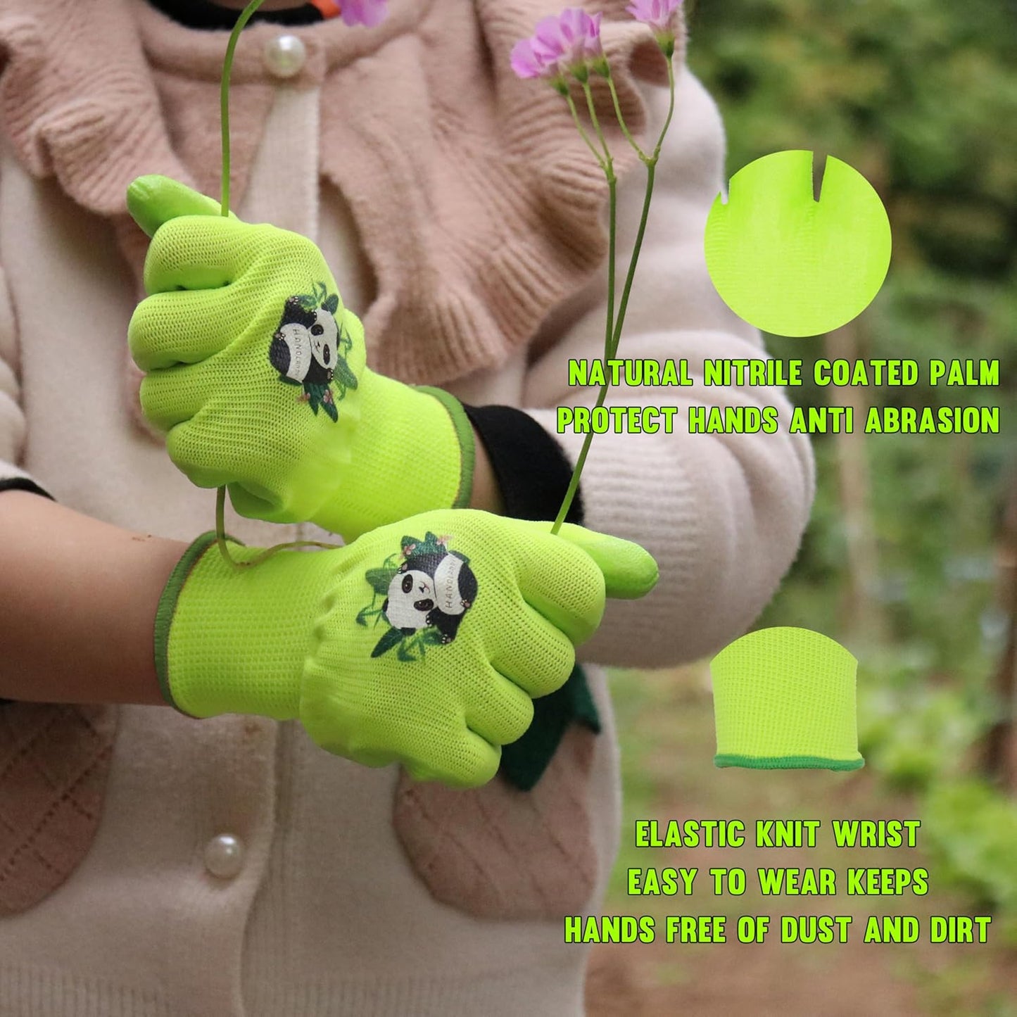 HANDLANDY 2 Pairs Kids Gardening Gloves, Toddler Children Garden Yard Work Outdoor Playing Gloves, Rubber Coating, for Girls Boys Youth (Size L, Green)