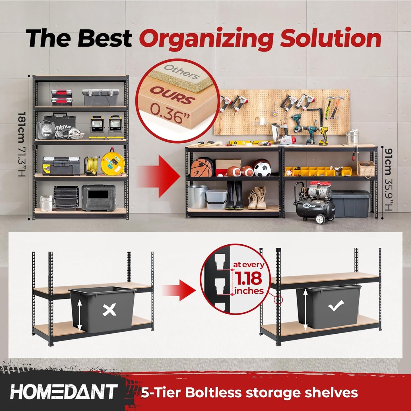 HOMEDANT 5 Tier Laminated Boltless Heavy Duty Garage Storage Adjustable Wide Size Metal Shelving Unit Utility Rack Shelves Organization Shelf Shed Warehouse 47.7" W x 24.1" D x 71.3" H 10Pack
