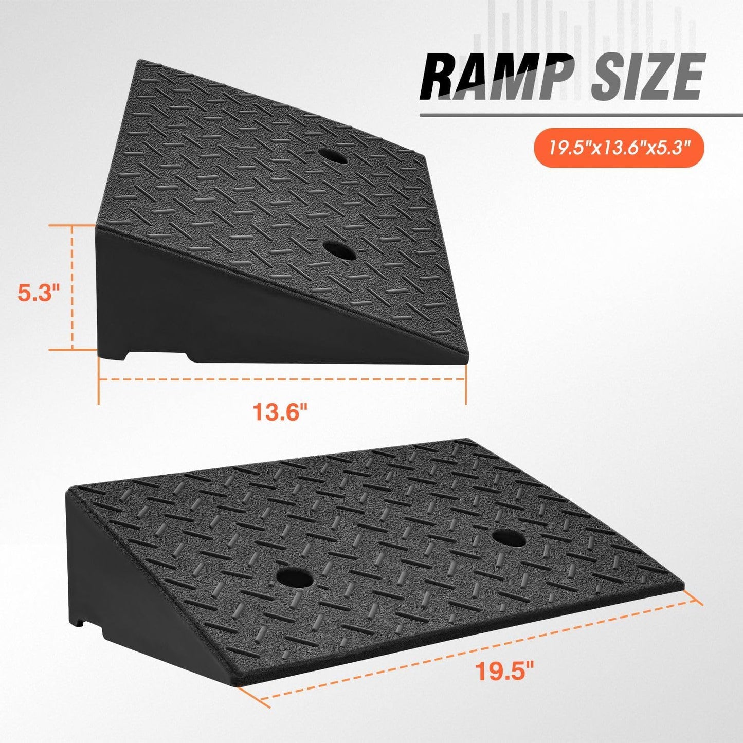 DNA MOTORING 2pcs 5.3" Rise Rubber Curb Ramp Heavy Duty Loading Driveway Ramp Threshold Ramp 19.5 in L x 13.6 in W x 5.3 in H for Loading Dock, Warehouse, Wheelchair, Motorcycles, Cars, TOOLS-00646