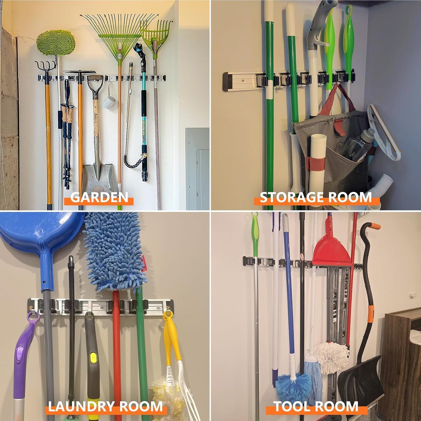 2 Pack Broom Holder Wall Mount Mop and Broom Hanger Wall Mounted Garage Storage Rack Kitchen Garden Tool Organizer (5 Racks with 4 Hooks, Black)