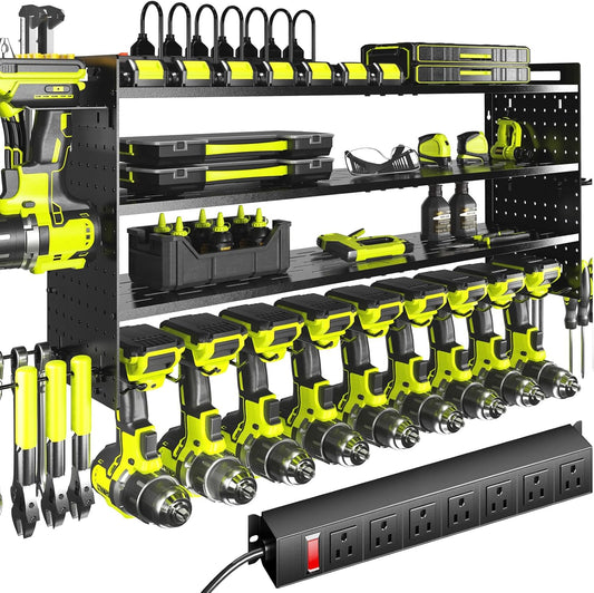 KAFAHOM Power Tool Organizer with Charging Station,9 Drill Holder Wall Mount,4 Layer Durable Metal Cordless Drill Storage for Garage Organization,Battery Tool Rack Built in 7 Outlet Power Strip Black