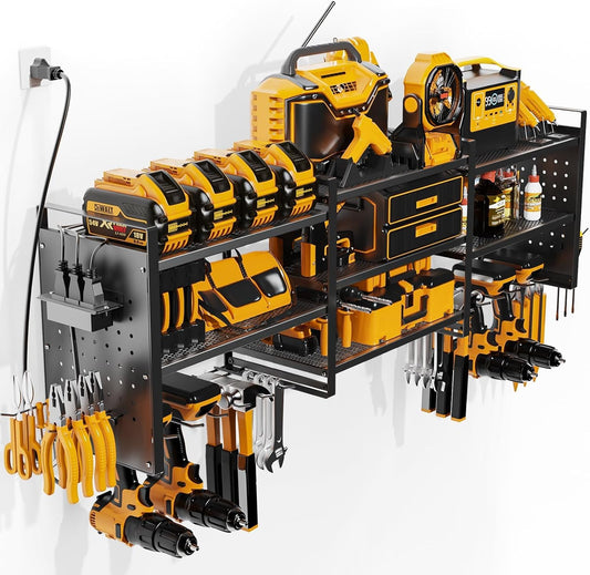 Power Tool Organizer with Charging Station Wall Mount, 3 Layer Expanded Heavy Duty Garage Organization, 48.8 Inch Length Garage Tool Storage, 4 Drill Slot, 16" Standard Hole, Black