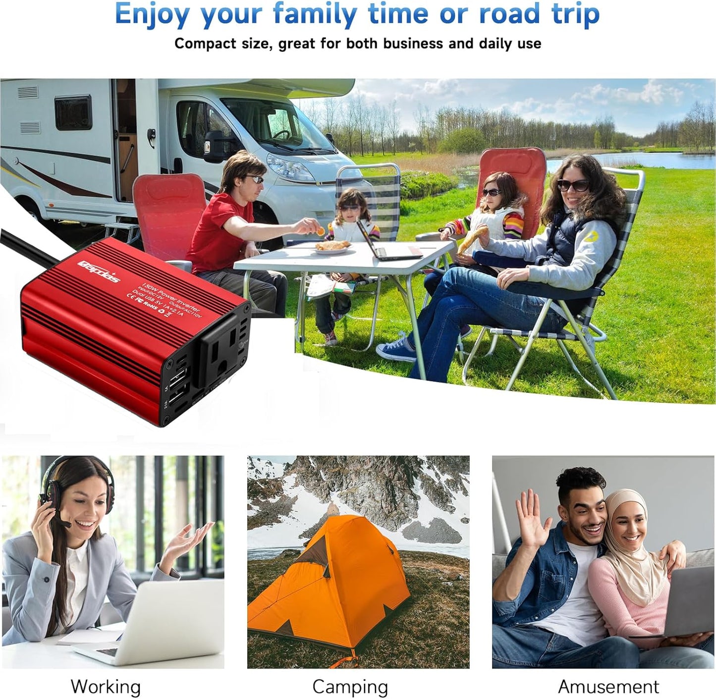 150W Power Inverter 12v to 110v Car Adapter Outlet to Wall Plug with 3.1A Dual USB Car Charger for Laptop Computer-Red