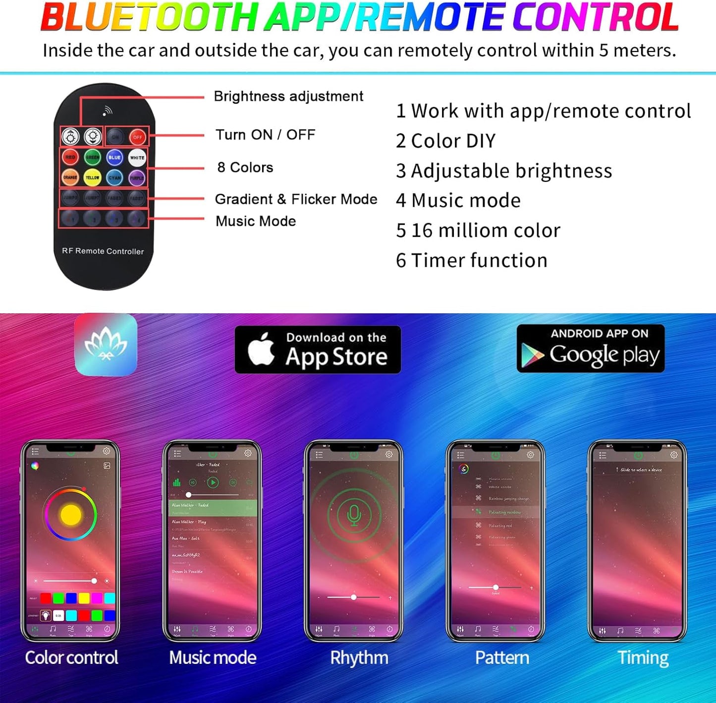 Car LED Lights Interior Light, 10 in 1 Car Ambient Lighting Kits with 315in Fiber Optic, APP Control, Car Accessories Multicolor RGB Neon Car LED Strip Lights with Music Sync Mode and DIY Mode