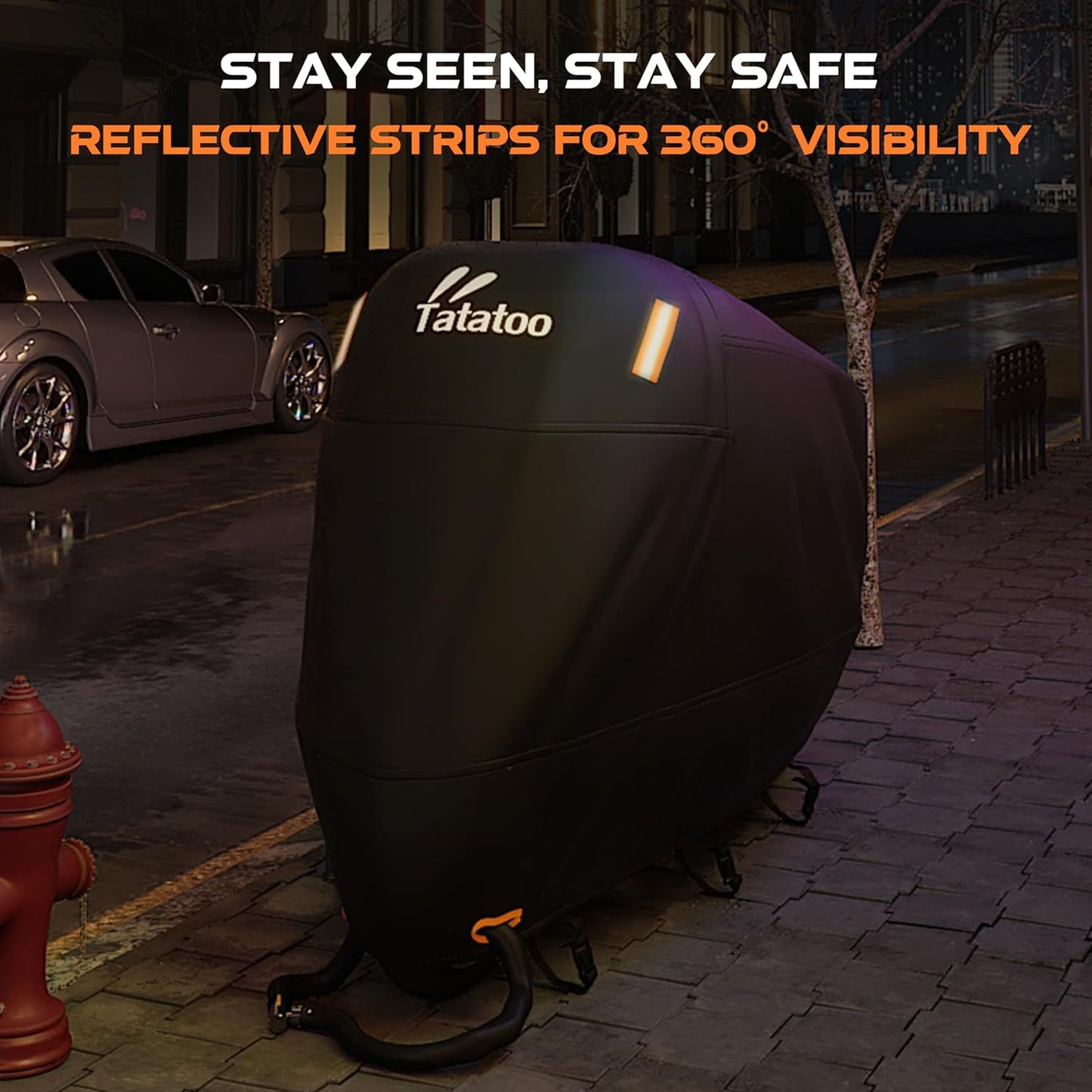 Motorcycle Cover Waterproof Outdoor, 300D Heavy Duty, UV & Rain Resistant, 3 Wind-Resistant Buckles, Dual Lock Holes, Includes Storage Bag, Fits Most Motorcycles/Scooters up to 86.6",Silver