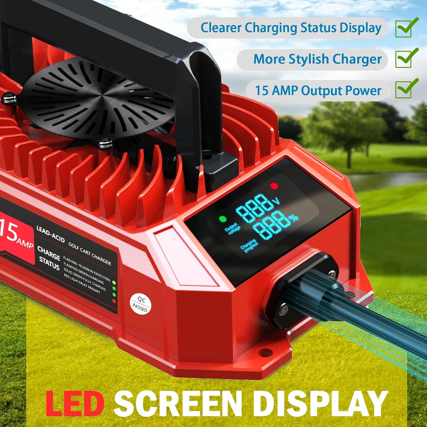 Golf Cart Charger 48 Volt Club Car with LED Visual Charging Display, IP67 15A Golf Cart Battery Charger for Club Car Precedent & DS Lead Acid Battery, 3-Pin Round Plug Cable, Club Car Accessories, Red