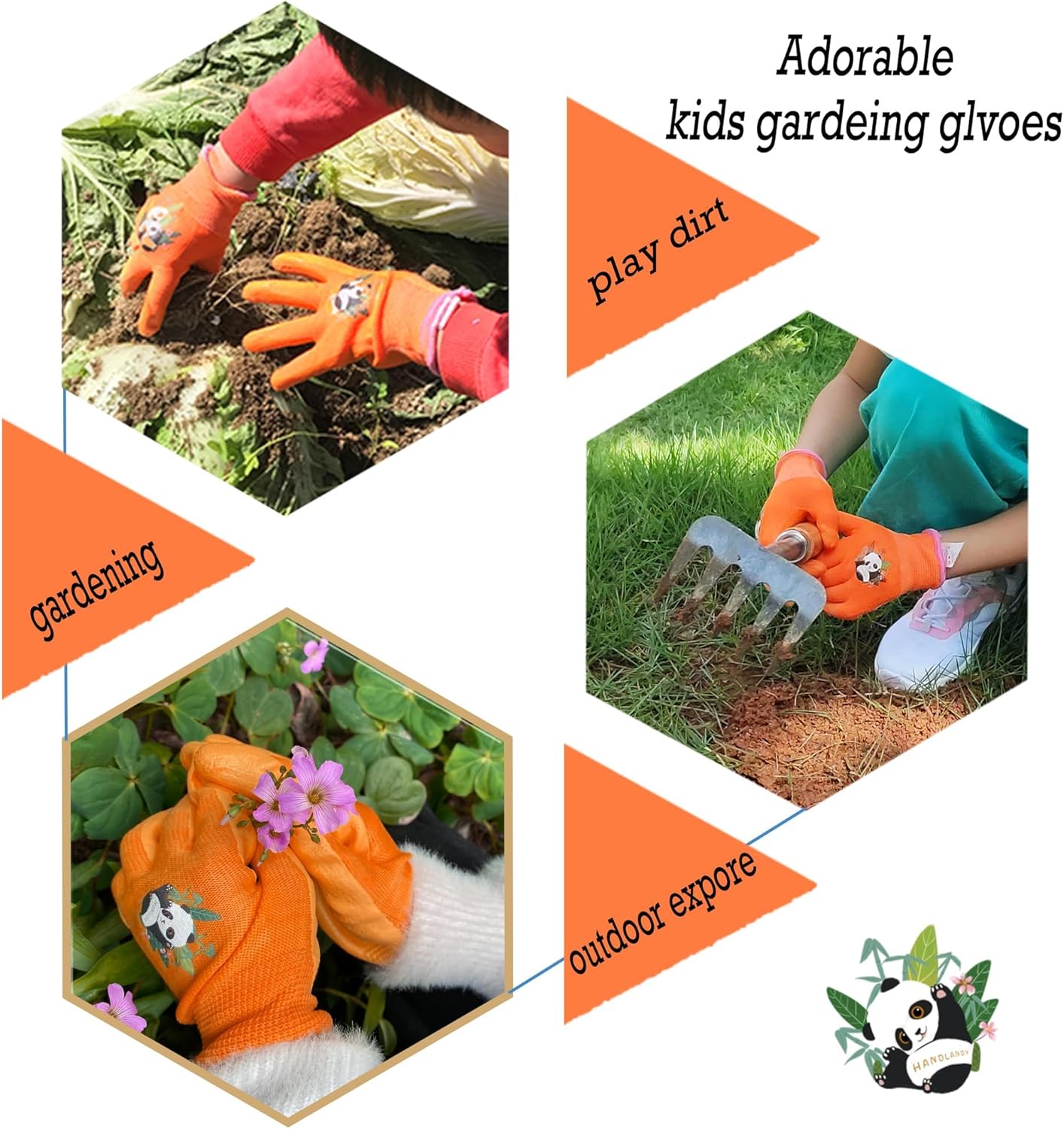 HANDLANDY 2 Pairs Kids Gardening Gloves, Toddler Children Garden Yard Work Outdoor Playing Gloves, Rubber Coating, for Girls Boys Youth (Size L, Orange)