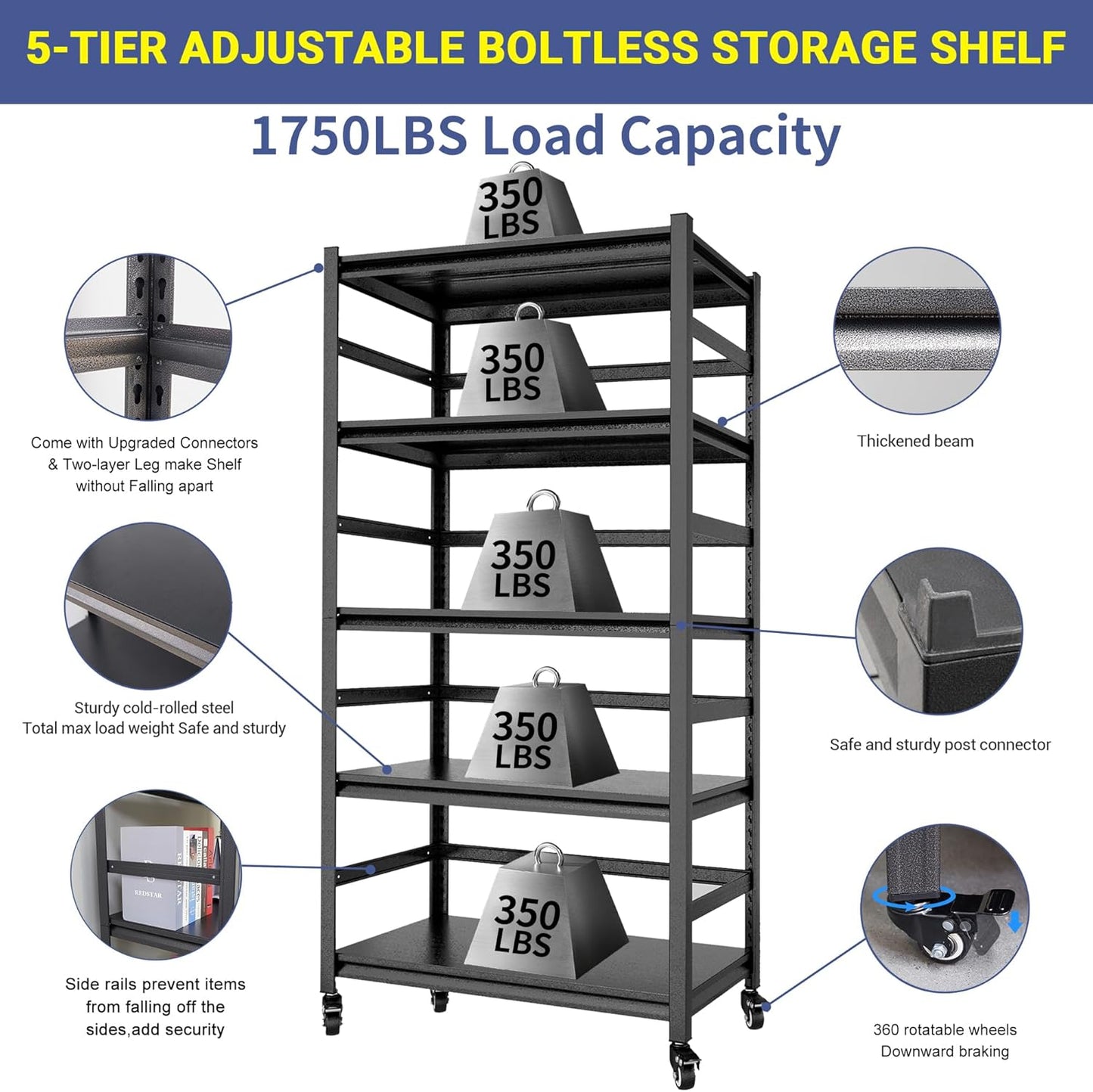 TOPKEY Metal Storage Shelf Garage Storage Shelves, Heavy Duty 5-Tier Utility Shelves for Kitchen, Warehouse, Pantry Shelves with Wheels, 72" H Adjustable Basement Storage Rack, Load 1750LBS