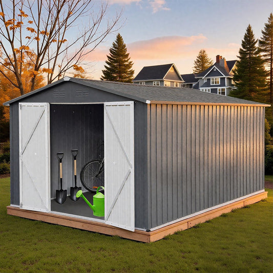10 x 12 FT Outdoor Storage Shed, Metal Garden Tool Shed with Slooping Roof, Lockable Doors and Windows, Easy to Assemble for Garden, Patio, Lawn, Grey