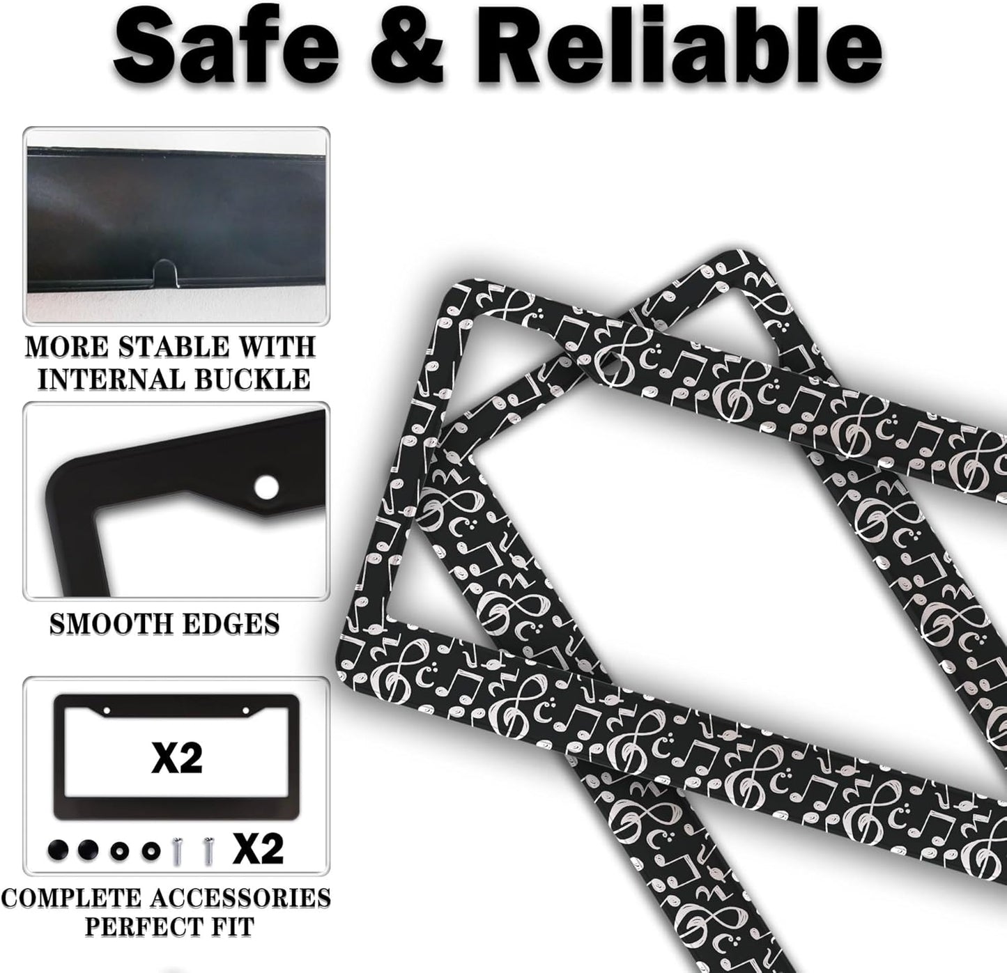 License Plate Cover for Car Black and White License Plate Frames Music Musical Note Aluminum Metal Car Accessory 2 Pack with Screw Covers Set