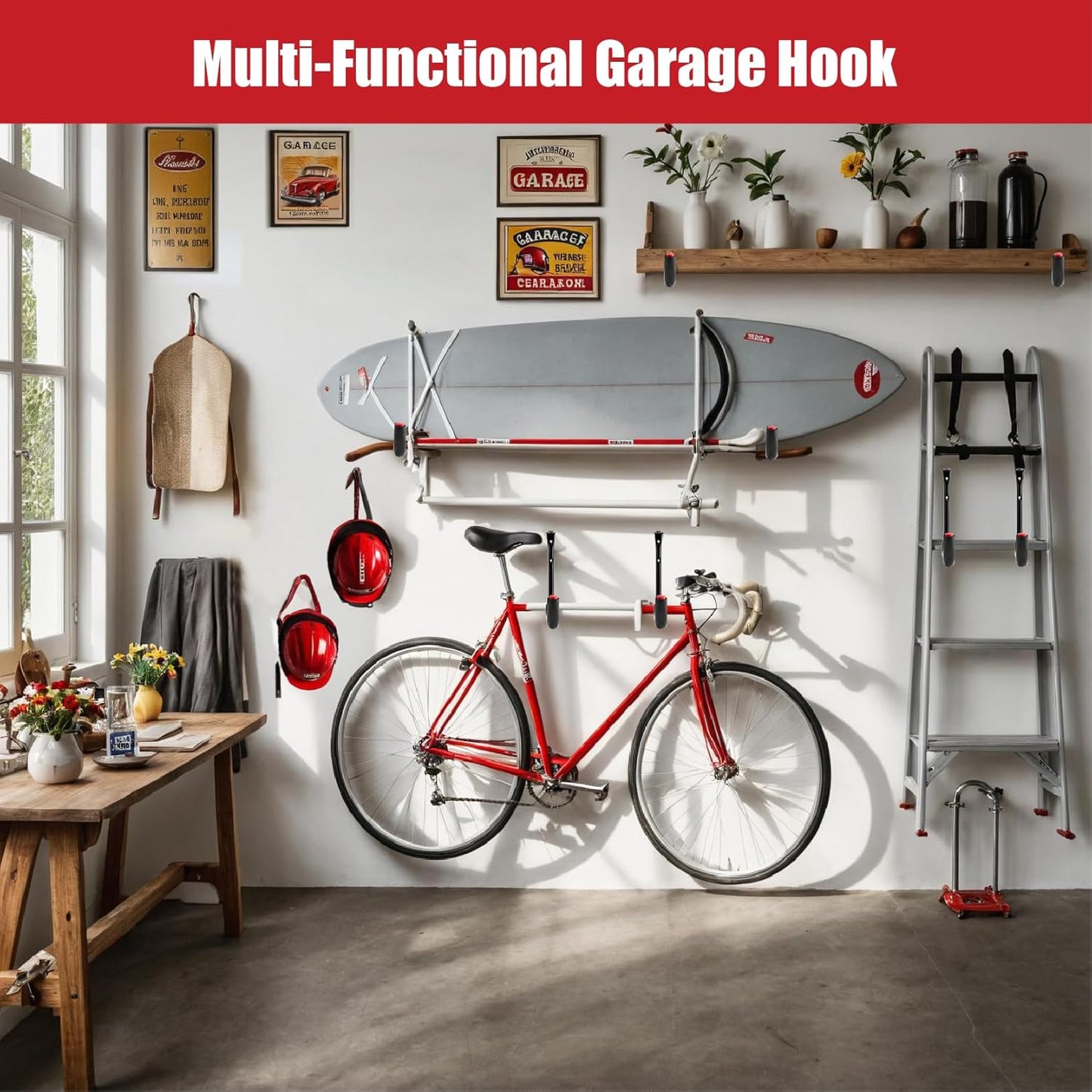 Sinoer 12 Pack Garage Hooks，9.8" & 3.5" Utility Storage Hook with EVA Pads，Metal Wall Hangers for Bike, Extension Cord,Folding Chairs Backpack Bag and Hanging Ladders