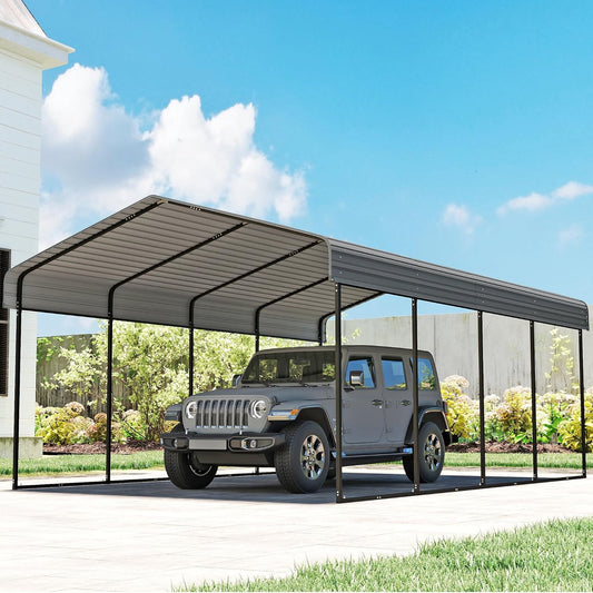 12'x20' Heavy Duty Metal Carport, Outdoor Garage Car Shelter Shade with Heavier Frame, Galvanized Roof for Car and Boats, Grey