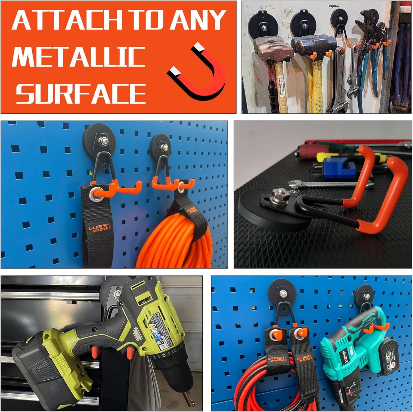 ULIBERMAGNET Heavy Duty Magnetic Garage Hooks,Strong Large Magnet Hooks for Power Drill,Garden Tools,Hose,Pegboard,Garage,Workshop,2 Pack Magnetic Storage Holder for Indoor Outdoor Hanging(Orange)