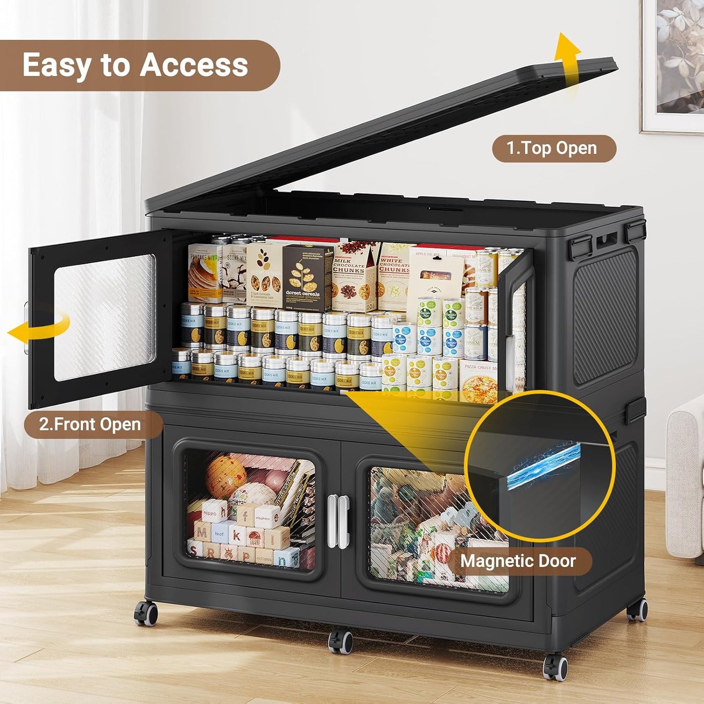 1200 Qt Stackable Storage Bin with Lid, 300Gal Extra Large Collapsible Storage Boxes, Folding Plastic Drawer, Heavy-Duty Store Cabinet, Closet Organizer for Home Kitchen, 4 Pack Black