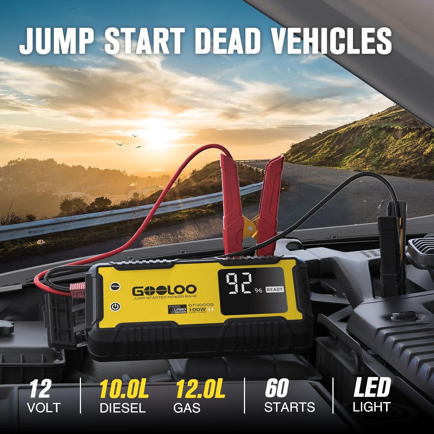GOOLOO GT4000S Jump Starter 4000A Car Jumper Starter (Up to 10L Diesel 12L Gas Engines), 100W Fast-Charging Lithium Jump Box, SuperSafe Portable Car Battery Charger Power Bank for 12V Vehicles, Yellow