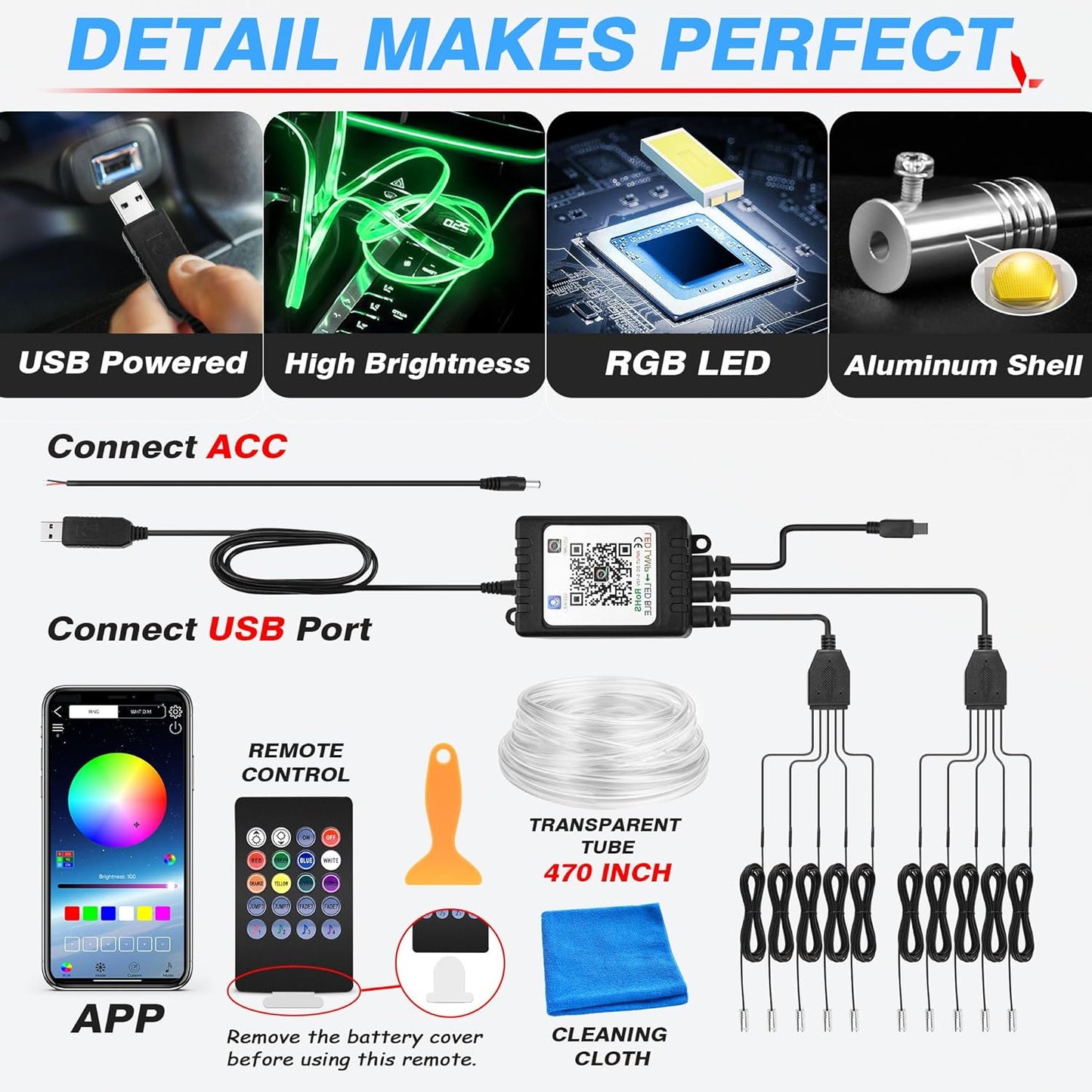 MICTUNING Car LED Interior Strip Light, 10 in 1 RGB Multicolor with 470 inches Fiber Optic Ambient Lighting Kits with Remote and APP Control, Car USB LED Strip Lights with Music Sync Mode