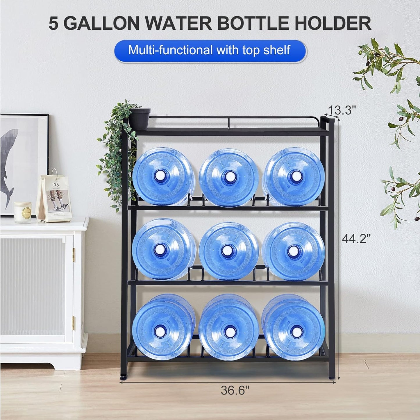 5 Gallon Water Bottle Holder 9-Tray 3/5 Gallon Water Jug Rack with Top Shelf Heavy Duty 5 Gallon Water Jug Stand for Kitchen, Office, Garage, Black