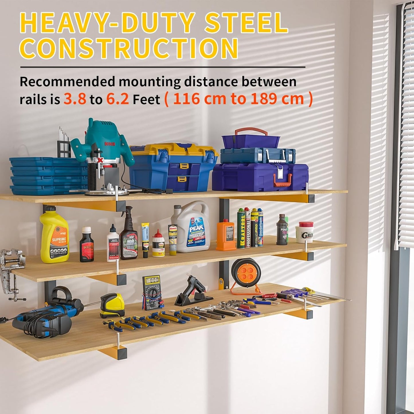 2 PACK Lumber Storage Rack Wall Mount Wood Organizer Storage Racks Heavy Duty Shelf Brackets with 3-Level System 360 LB Sturdy Folding Garage Wall Shelving, Snowboard Rack for Indoor and Outdoor