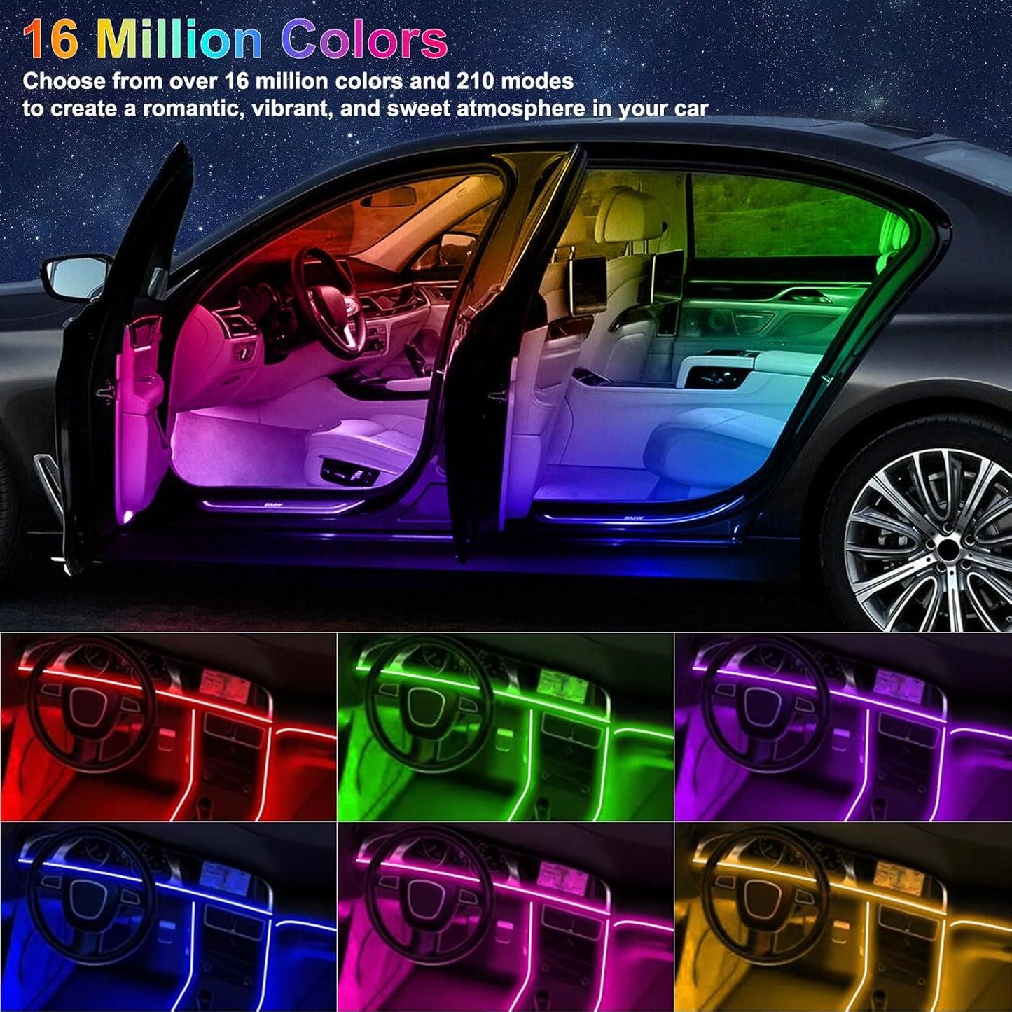 Acrylic Interior Car LED Lights with Wireless APP/Remote/Button Control, 6 in 1 Dreamcolor USB Car Ambient Lighting Kit 16 Million Colors Neon Strip Accessories for Vehicle Inside Decoration