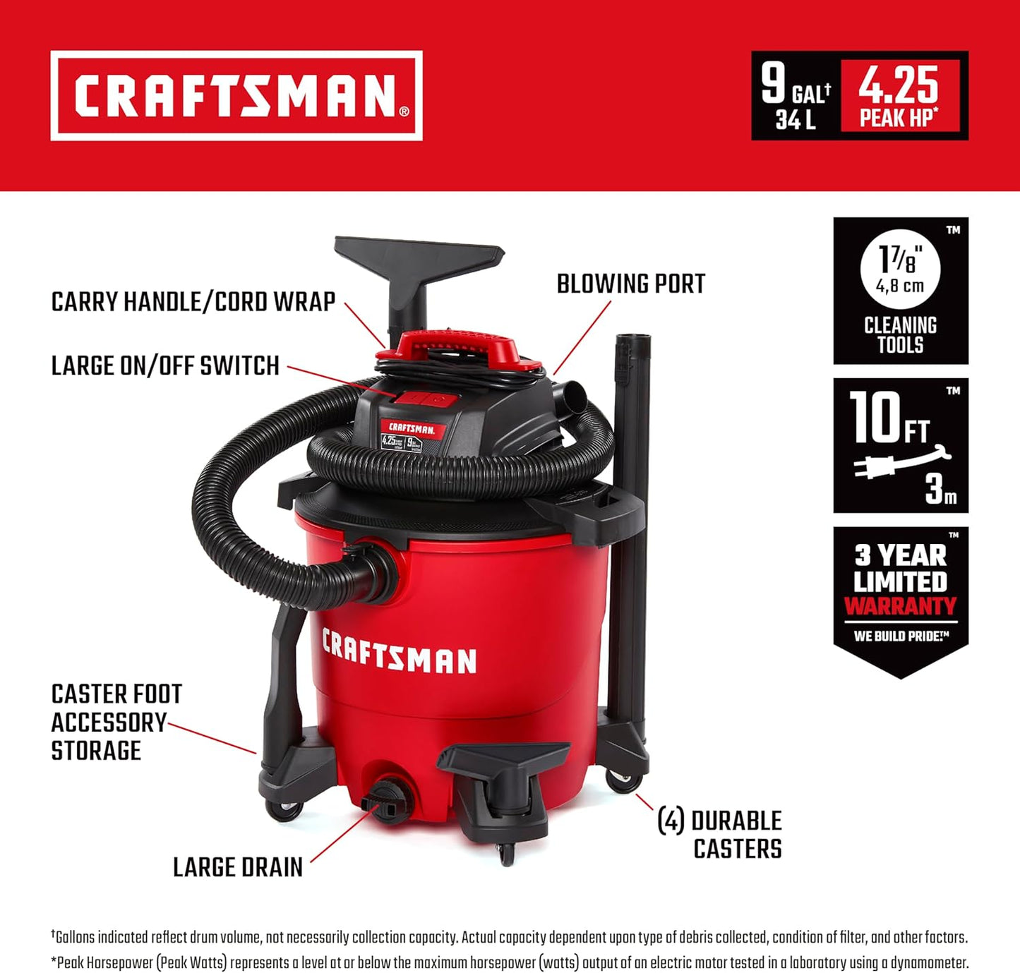 CRAFTSMAN CMXEVBE18590 9 Gallon 4.25 Peak HP Wet Dry Vac, Portable Shop Vacuum Wet and Dry with Filter, 3 Dust Bags, Hose and Attachments for Home, Garage and Automotive Cleaning