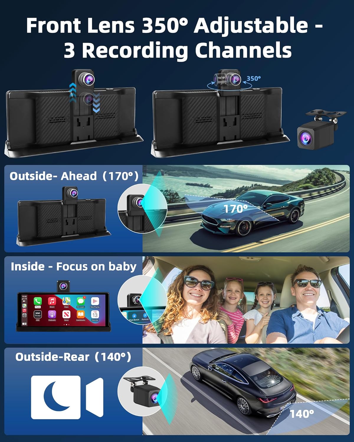 【350° Rotatable Lens】10.26''Wireless Apple CarPlay Screen for Car & 4K Dash Cam Portable Android Auto Car Stereo, Car Audio Receivers 1080P Backup Camera, Bluetooth/GPS Navigation/AirPlay/Googel/Siri