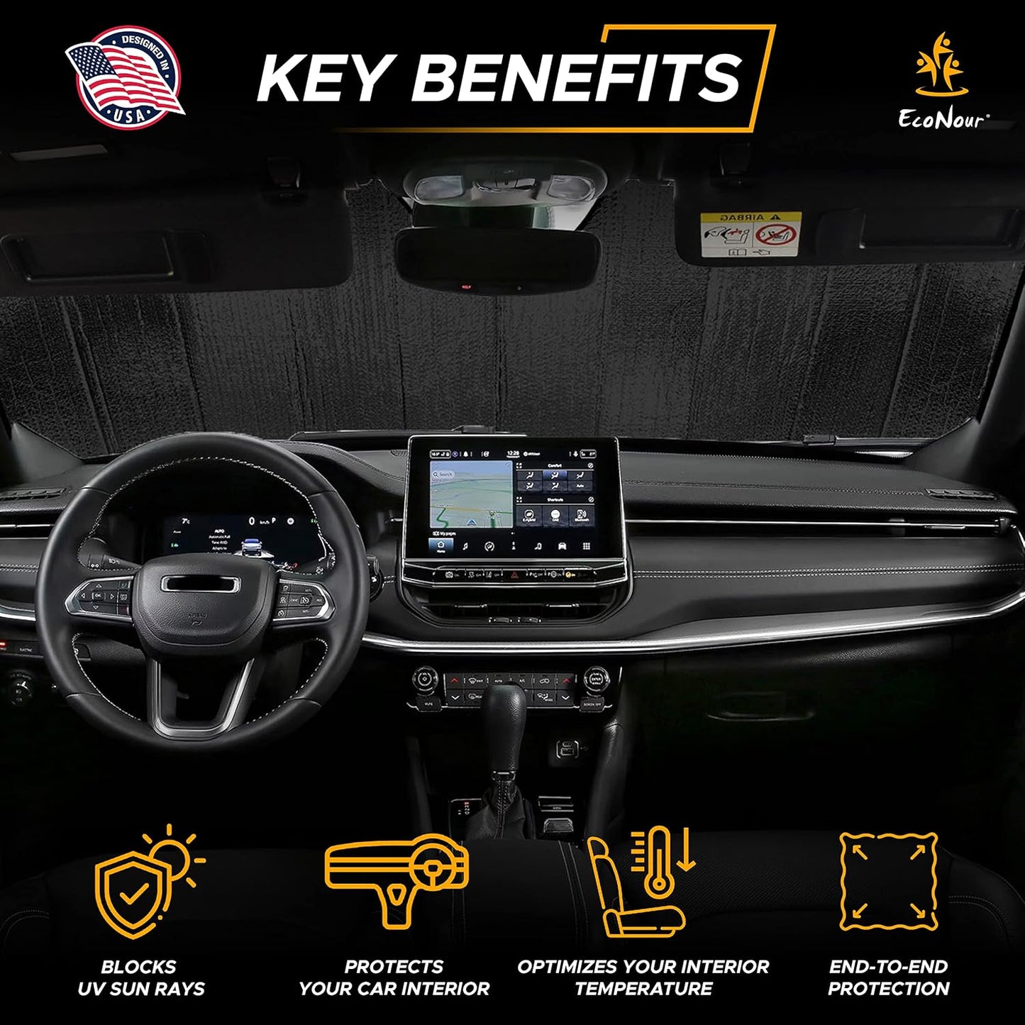 EcoNour Accordion Sun Shade Windshield for Trucks | Automotive Windshield Sun Shade to Keep Your Rig Safe | Fits for Semi Truck Windshields, Commercial & Big Rig Truck | XXL (80 x 30 inches)