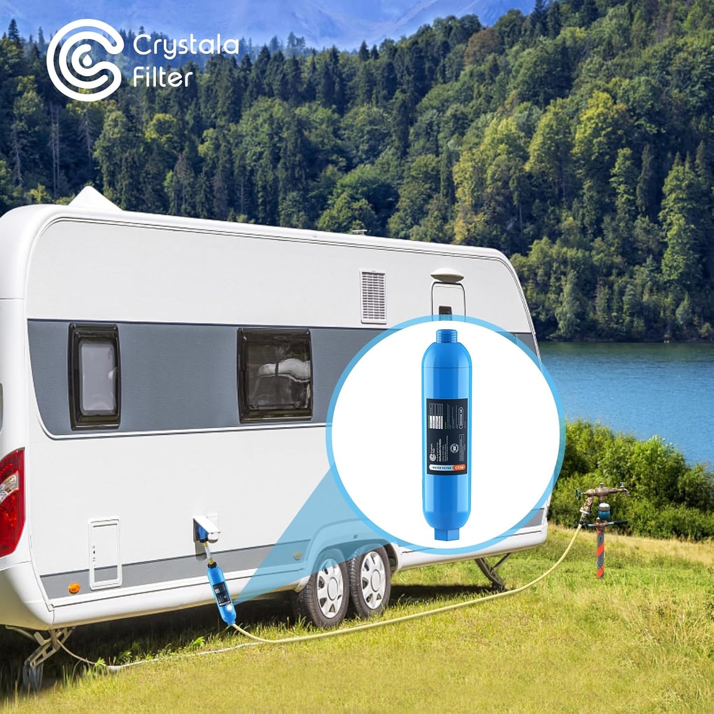 CRYSTALA RV/Camper Water Filter, Inline Water Filter Effectively Reduces Bad Taste, Odors, Chlorine and Sediment for RVs and Marines, 2 Pack Filter with 1 Flexible Hose Protector