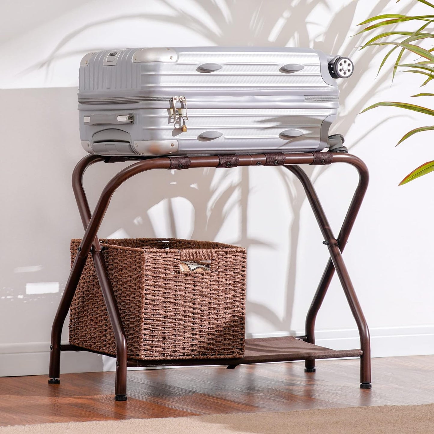 Heybly Luggage Rack, Pack of 2, Steel Folding Suitcase Stand with Storage Shelf for Bedroom, Hotel, Foldable Steel Frame, Guest Room Bedroom Hotel, 26.2" L x 14.4" W x 20.5" H, Brown HLR004Z2