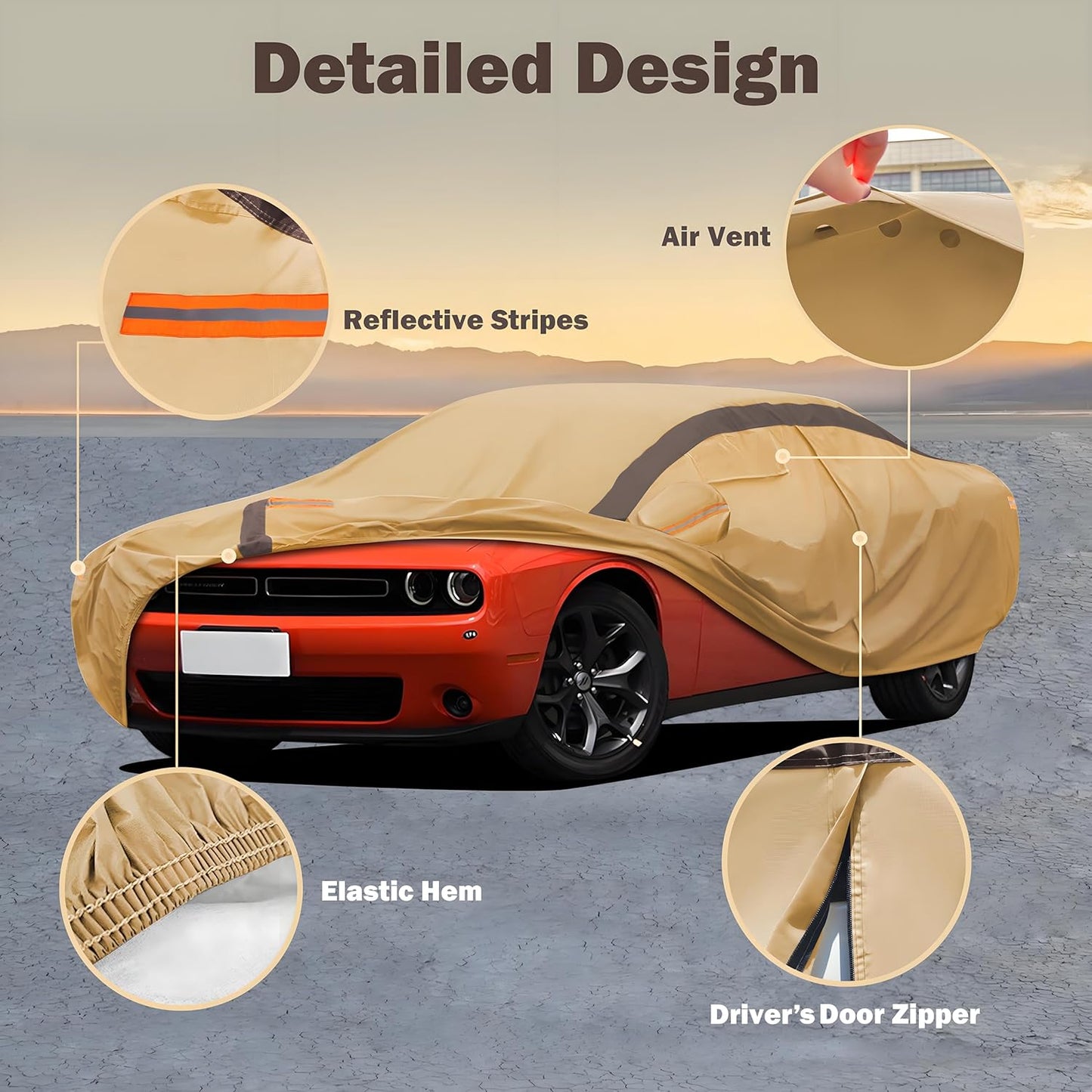 Car Cover Waterproof All Weather Compatible with Dodge Challenger SXT, GT, Hellcat, R/T, SE, Daytona, SRT, SRT8, Outdoor Anti-UV Sun Rain Protection Full Exterior Cover (Camel with Brown)