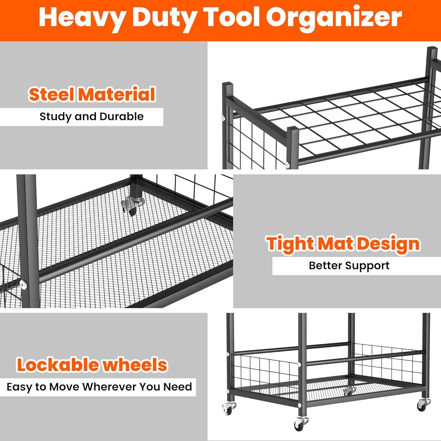 Ultrawall Garden Tool Organizer, Yard Tool Storage Stand for Garage with Lockable Wheels, Shed Tool Storage for Rake, Brooms, Indoor & Outdoor Use