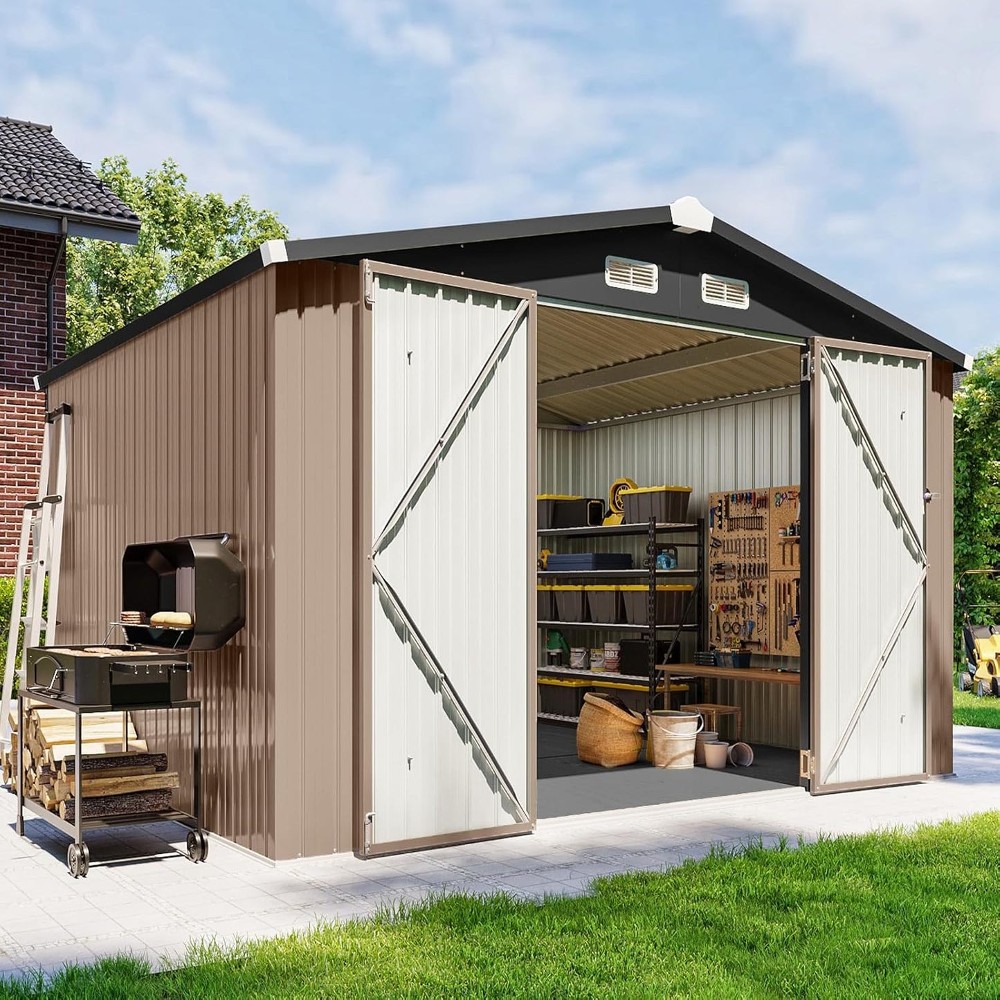 10x8 FT Outdoor Metal Storage Shed with Floor & Lockable Double Doors, Heavy-Duty Galvanized Steel Outdoor Shed for Bike, Tool, Generator Storage in Backyard, Patio (10’x8’, Floor)