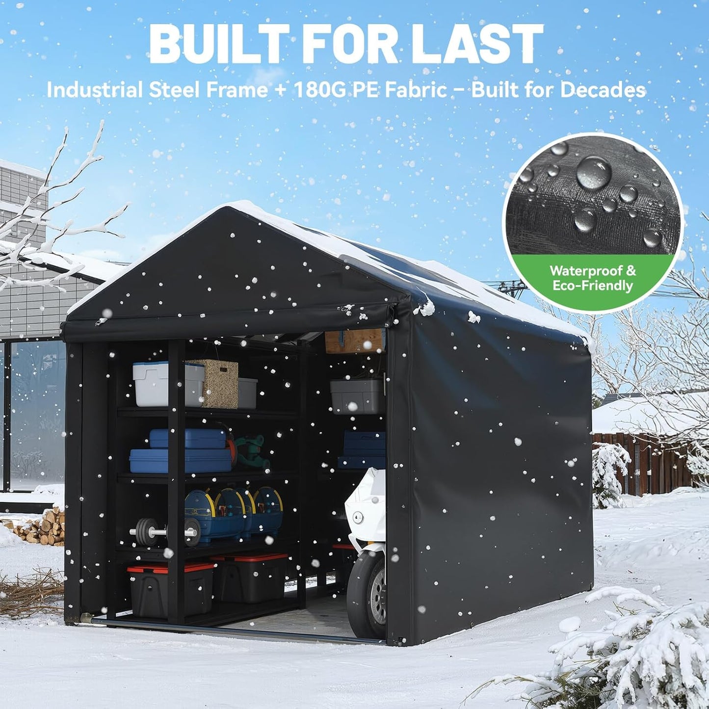 EROMMY 5x7 FT Carport Storage Shed, Heavy Duty Outdoor Storage Shed with Rolled up Zipper Door, Carport Canopy for Motorcycles, Bikes and Outdoor Tools