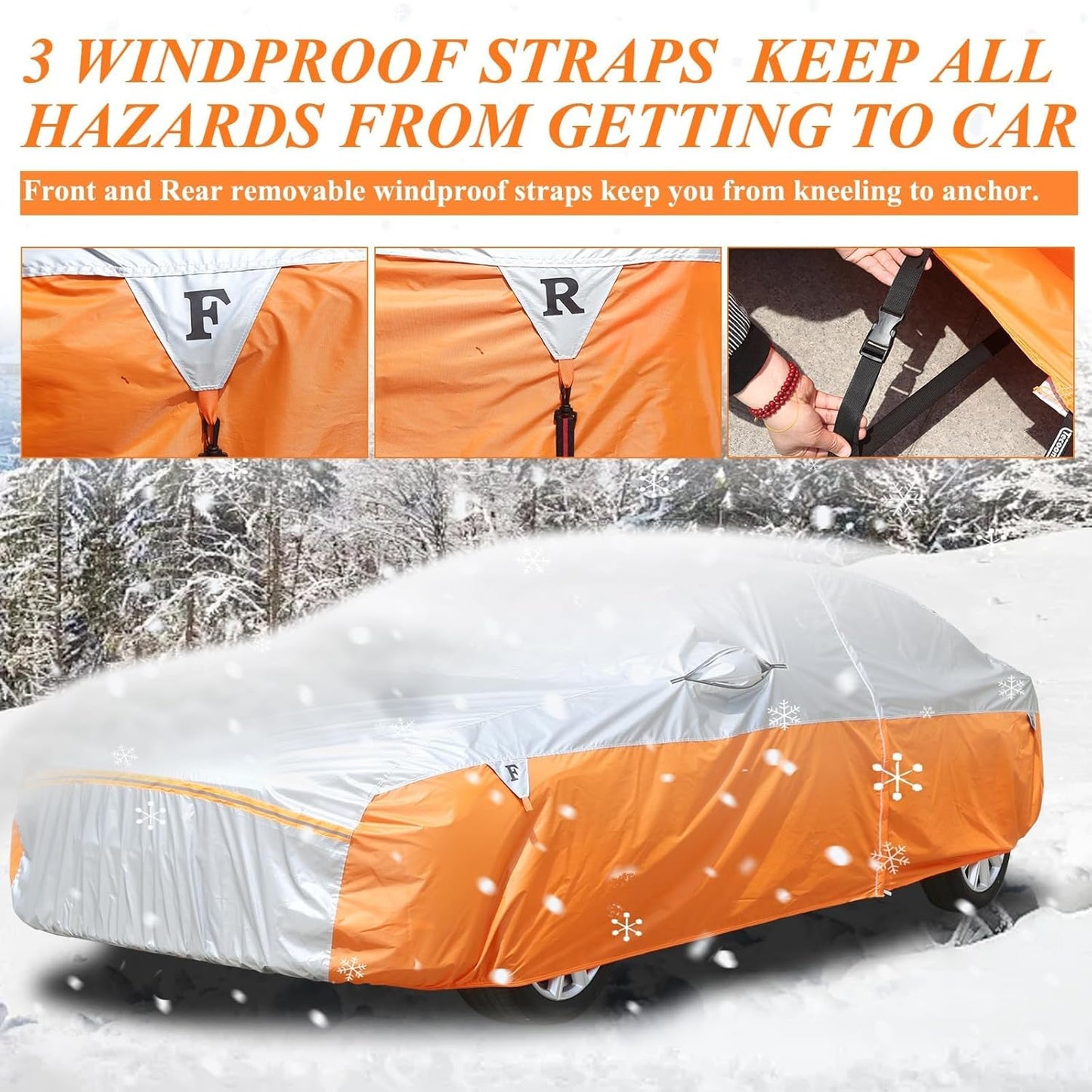Tecoom Car Cover Waterproof All Weather, Windproof Storm Full Exterior Covers for Automobiles, UV Sun Protection Snowproof Car Tarp w/ 3 Gust Straps Mirrior Door Zipper, Universal Fit 170"-190" Sedan