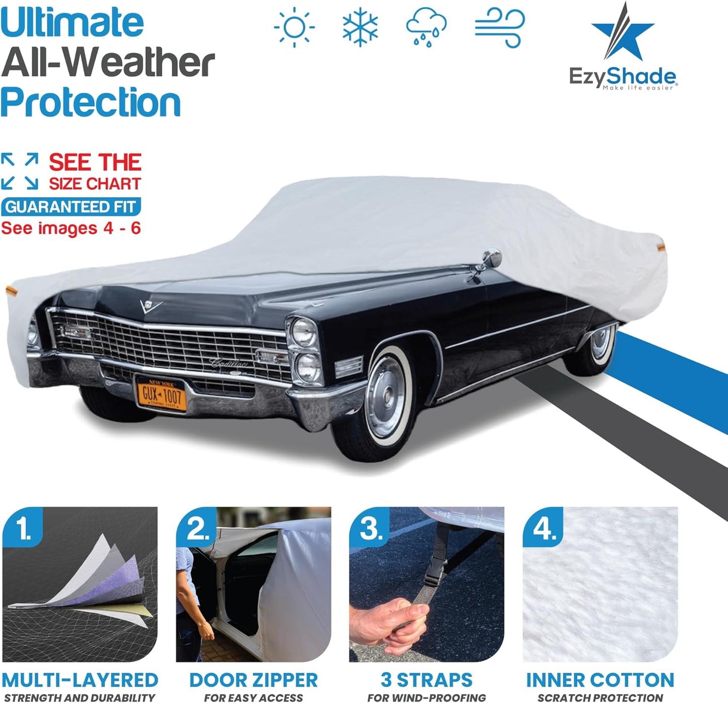 EzyShade 10-Layer Waterproof Sports Car Cover. See Vehicle Size-Chart for Accurate Fit. All Weather Outdoor Covers. Thunderbird Impala Grand Fury Classic Cars. Sun Snow Rain. Size C7 (See SizeChart)
