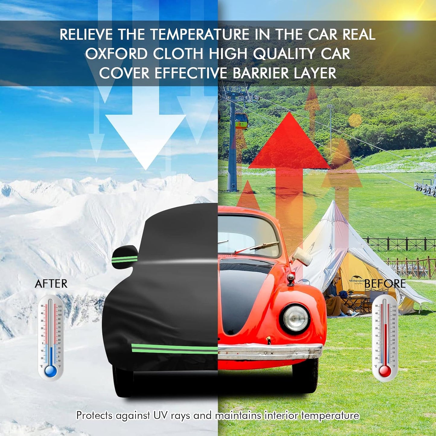 for VW 1960-1980 Volkswagen Beetle Bug Sedan 2-Door Saloon Car Covers 210D Outdoor Waterproof UV, Custom-fit Protective Full Covers with Cotton Layer, Zipper Door, Reflective Strip, Storage Bag