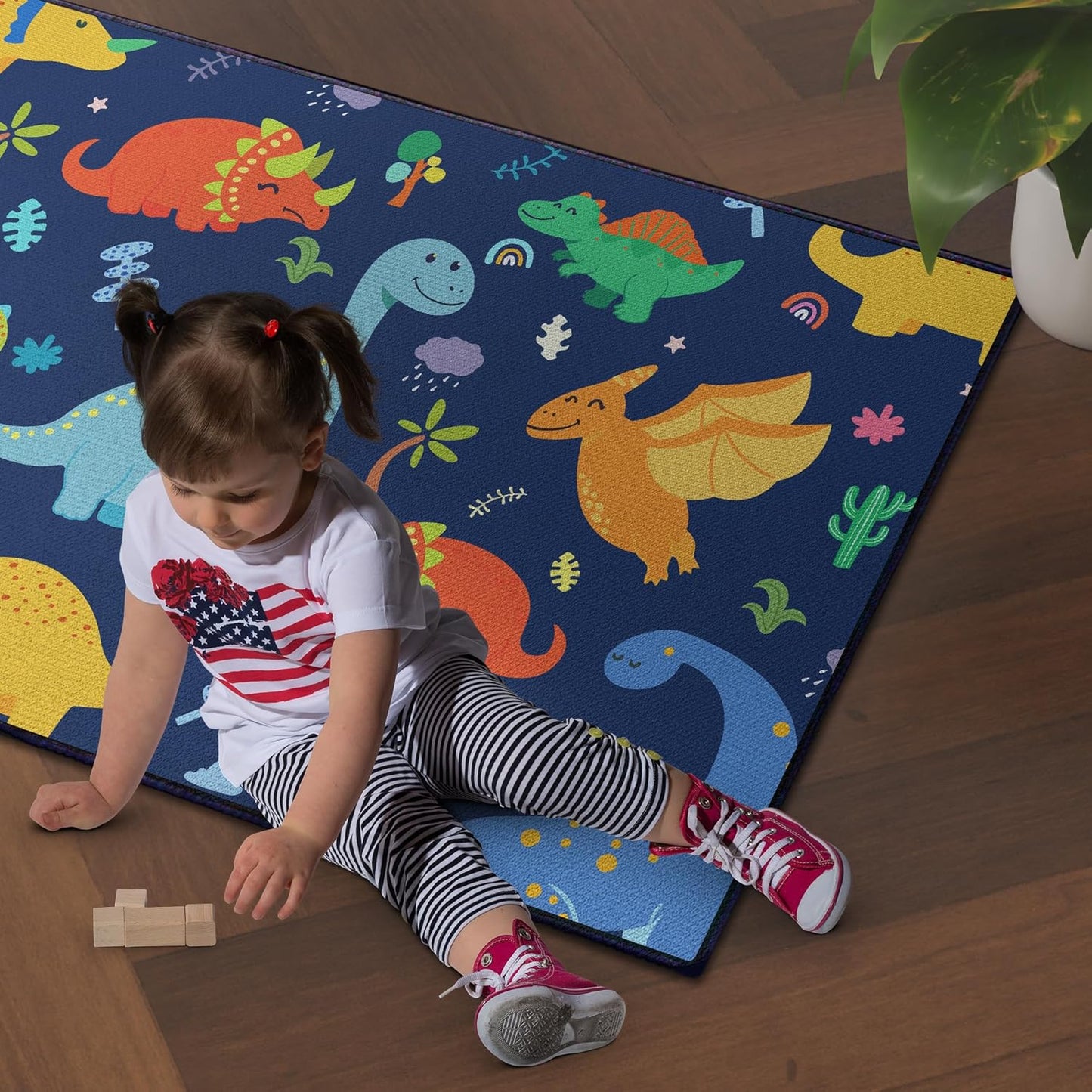 Cute Cartoon Dinosaur Rug for Boys Bedroom 59"x39" Bedroom Playroom Decor for Kids Lovely Dinosaur Animal Pattern Carpet Blue Rug Non-Slip Washable