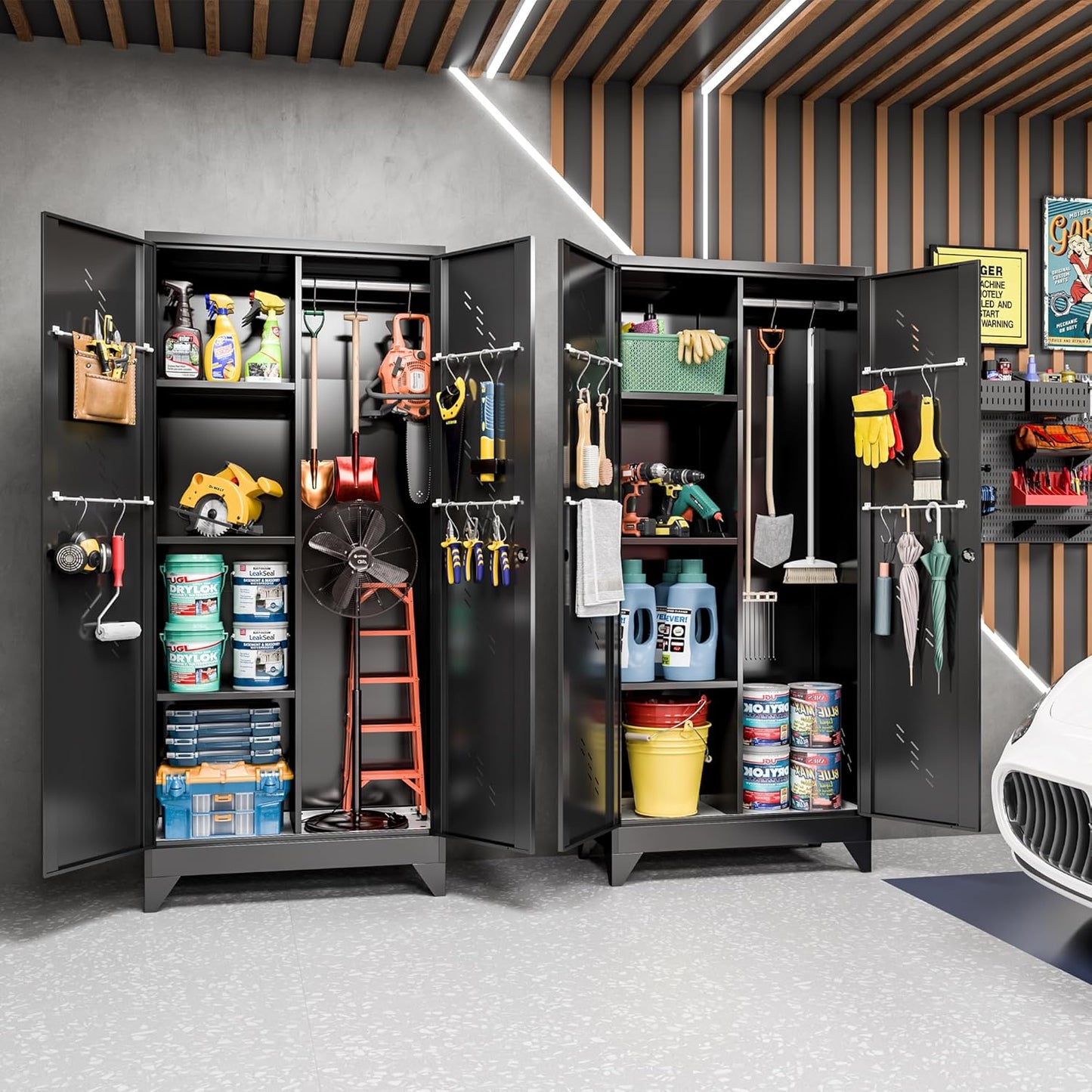 Metal Garage Storage Cabinet, Kitchen Pantry with Doors and Shelves, Broom Organizer Storage Tool Racks,Cleaning Cabinet with Stainless Steel Leak (H71* D16.53*L31.5in)