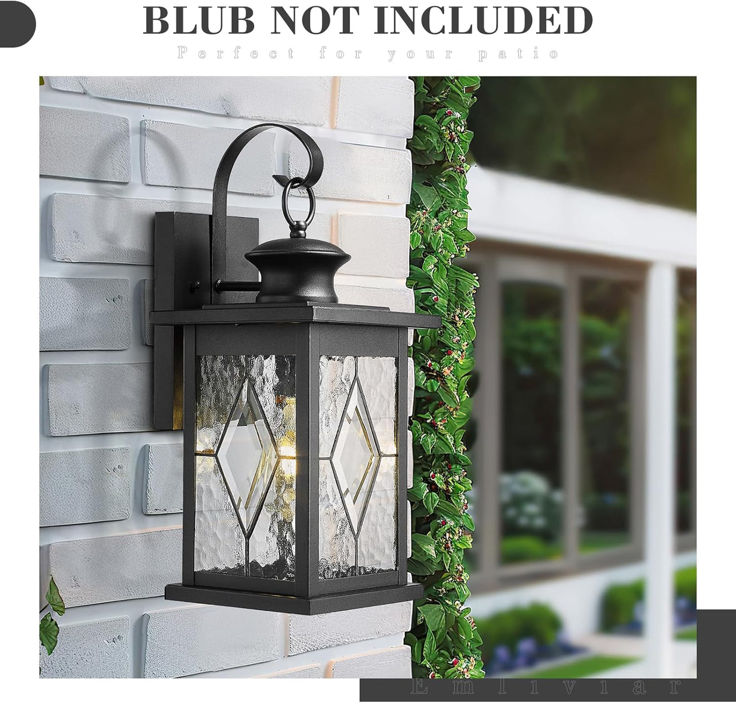 Emliviar Large Outdoor Wall Lantern 18 Inch, Black Front Porch Light with Water Grain Glass Shade, Outside Lights for House and Garage, 1810-BW2-SD