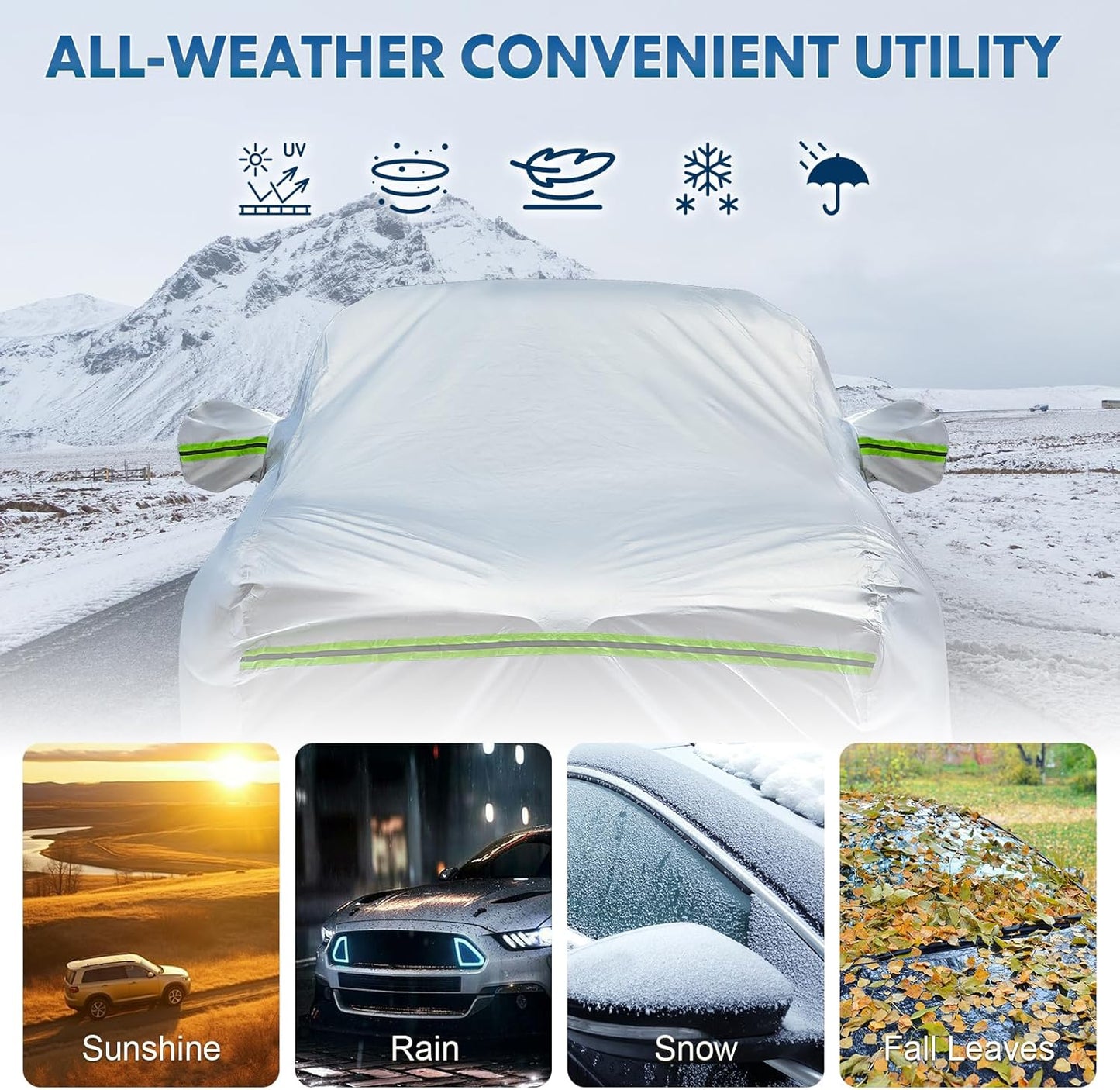 KEYOOG 6-Layer Full Car Cover is All-Weather Waterproof, Universal in All Seasons, Snow Prevention, Rainproof, Acid Rainproof, Sunscreen, Ultraviolet-Proof, Fit SUV 214"-236" Green Reflective Strip