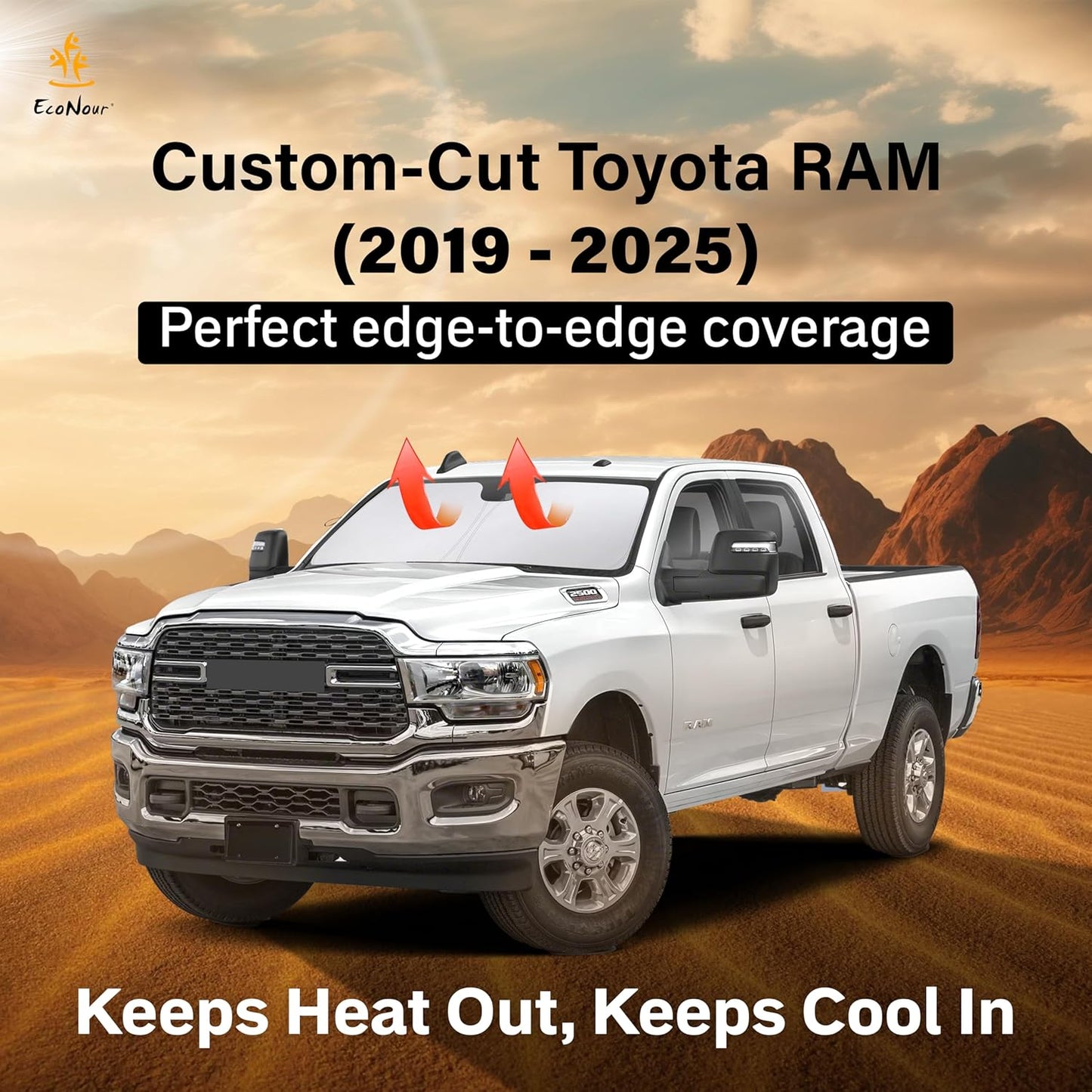 for RAM Pickup Truck Accessories 2019-2024 2025 EcoNour Car Windshield Sunshade - Front Window Sun Protector for UV & Sun Heat - Dodge RAM 1500, 2Dr RegularCab, 4Dr QuadCab, CrewCab, MegaCab