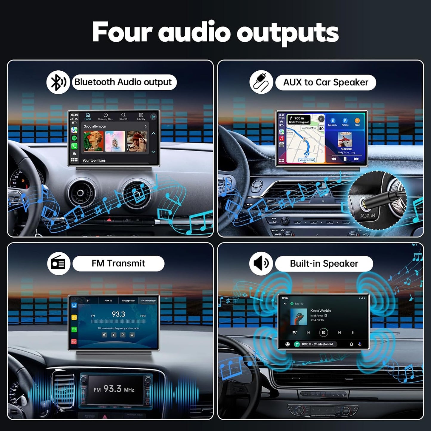 Upgrade Wireless Carplay Screen, Android Auto, Portable 7" HD IPS Screen for Car, GPS Navigation, Bluetooth Handsfree, AirPlay, MirrorCast, AUX/FM Transmitter Fit Most Car Models