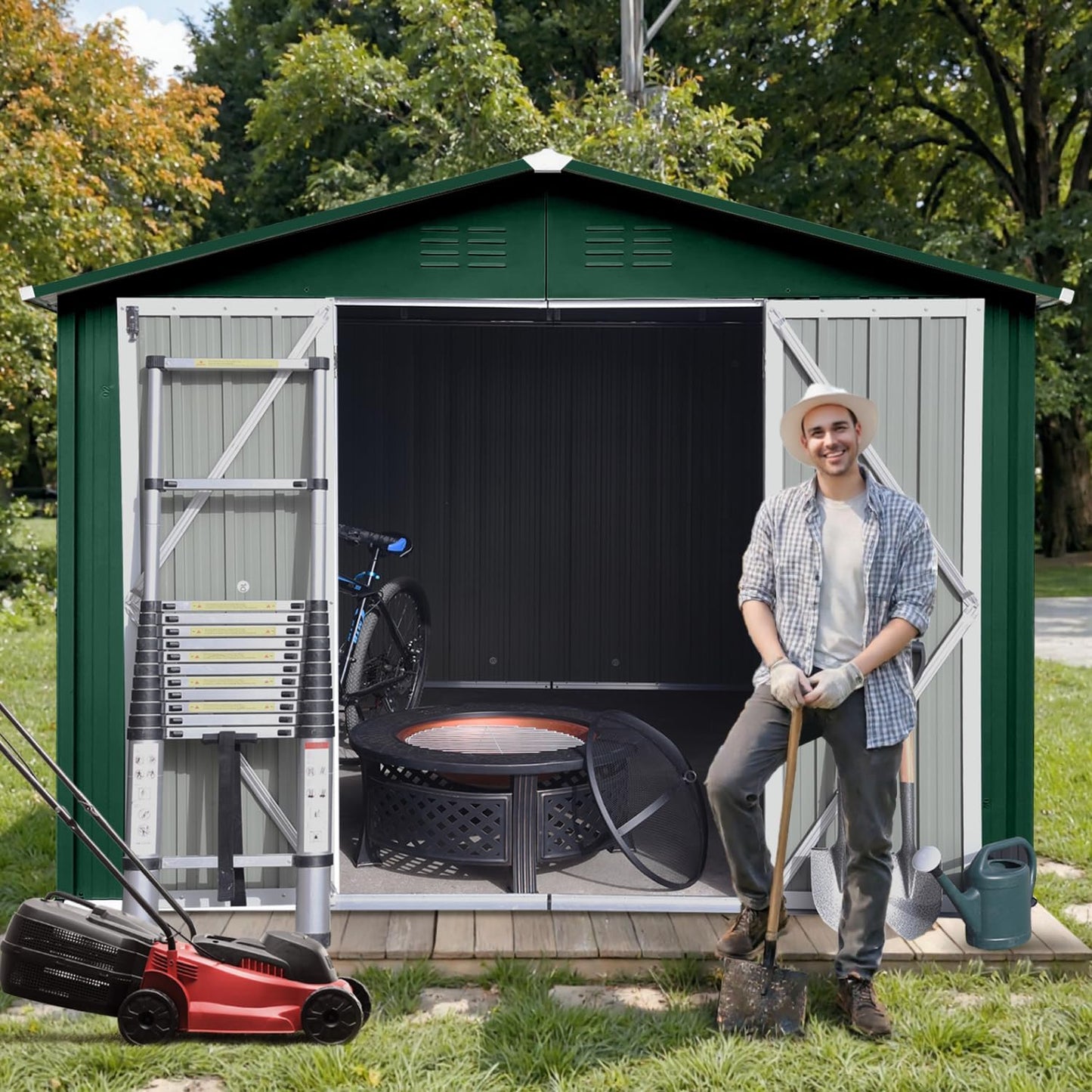 10' x 8' XL Outdoor Storage Shed, Sturdy Metal Building w/Lockable Doors for Garden, Backyard, Poolside and Lawn, Green