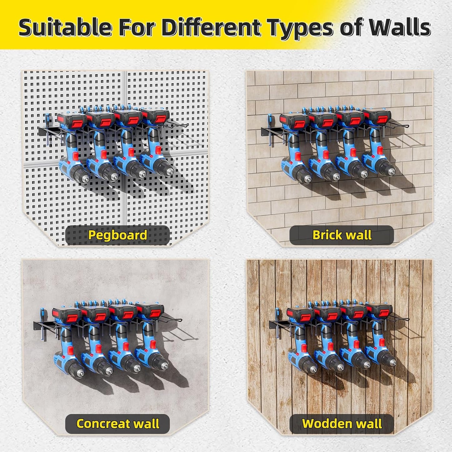 Power Tool Organizer Wall Mount with Charging Station, 4 Layers 6 Drill Holder, Heavy Duty Storage Utility Racks, Supports 600 lbs,Battery Shelf for Garage and Workbench (16 Inch Holder Basic Version)