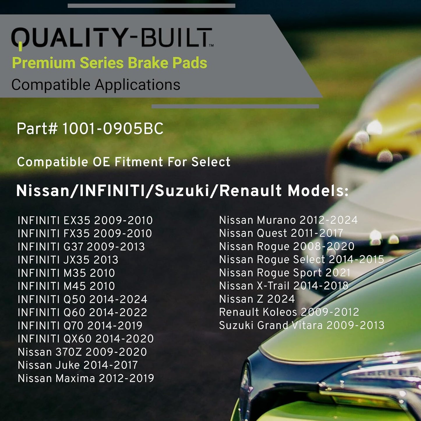 Premium Ceramic Rear Brake Pads (1001-0905BC) Compatible with 2008-2024 INFINITI/Nissan/Suzuki (370Z/EX35/FX35/G37/Grand Vitara/Juke/JX35/M35/M45/Maxima/Murano/Q50/Q60/Q70 & More)
